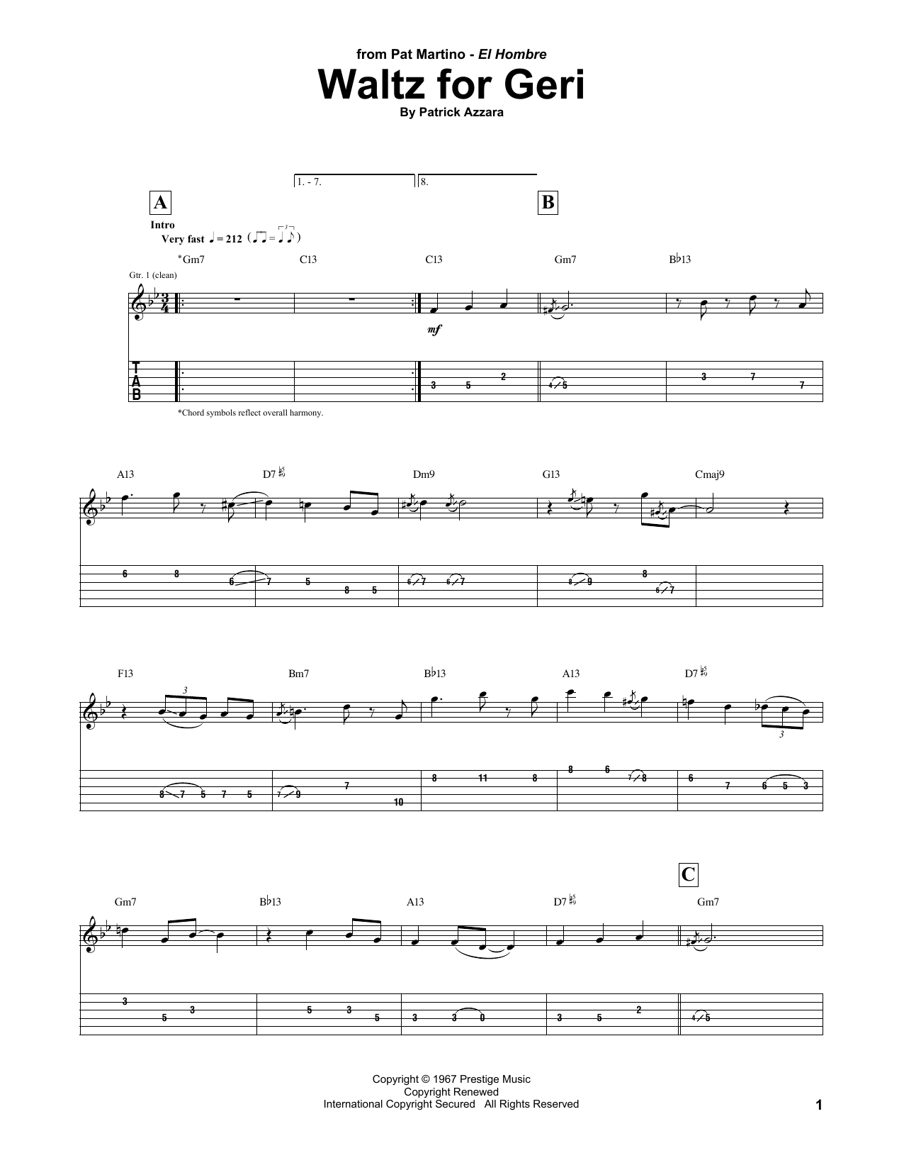Pat Martino Waltz For Geri Sheet Music Notes & Chords for Guitar Tab - Download or Print PDF