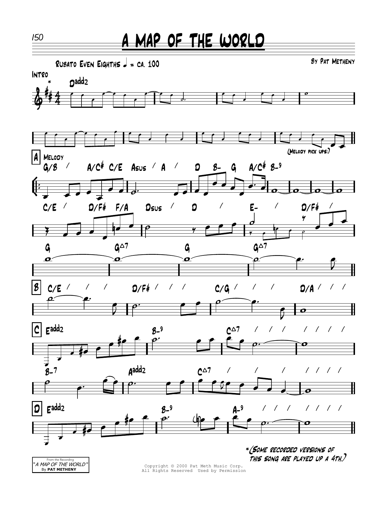 Pat Metheny A Map Of The World Sheet Music Notes & Chords for Piano Solo - Download or Print PDF