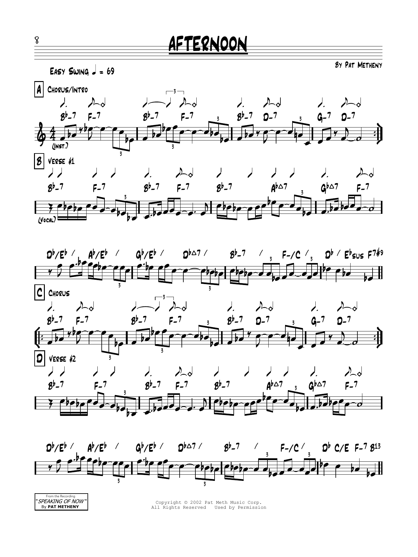 Pat Metheny Afternoon Sheet Music Notes & Chords for Real Book – Melody & Chords - Download or Print PDF