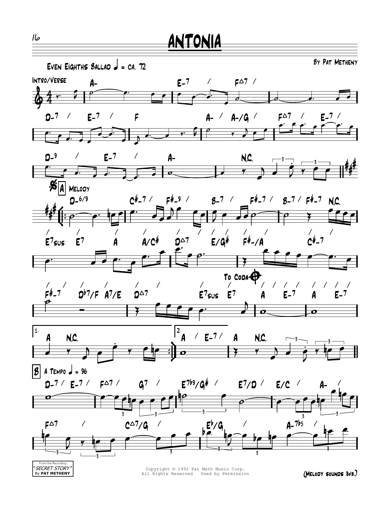 Pat Metheny Antonia Sheet Music Notes & Chords for Piano Solo - Download or Print PDF