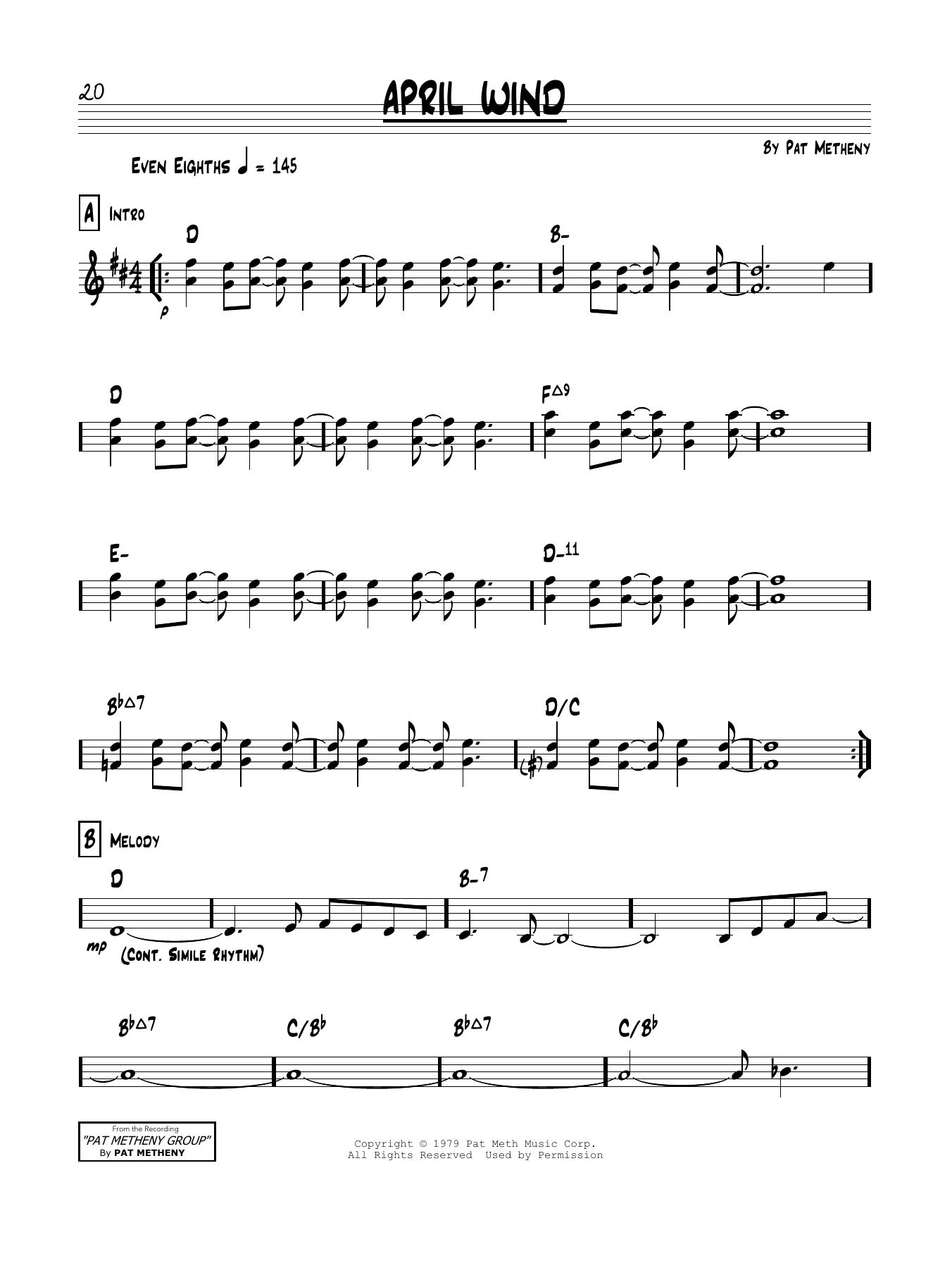 Pat Metheny April Wind Sheet Music Notes & Chords for Real Book – Melody & Chords - Download or Print PDF