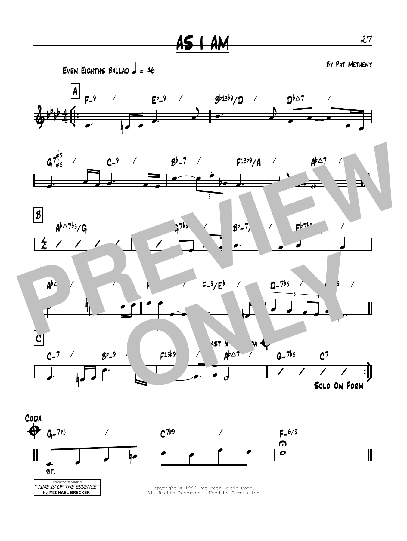 Pat Metheny As I Am Sheet Music Notes & Chords for Real Book – Melody & Chords - Download or Print PDF