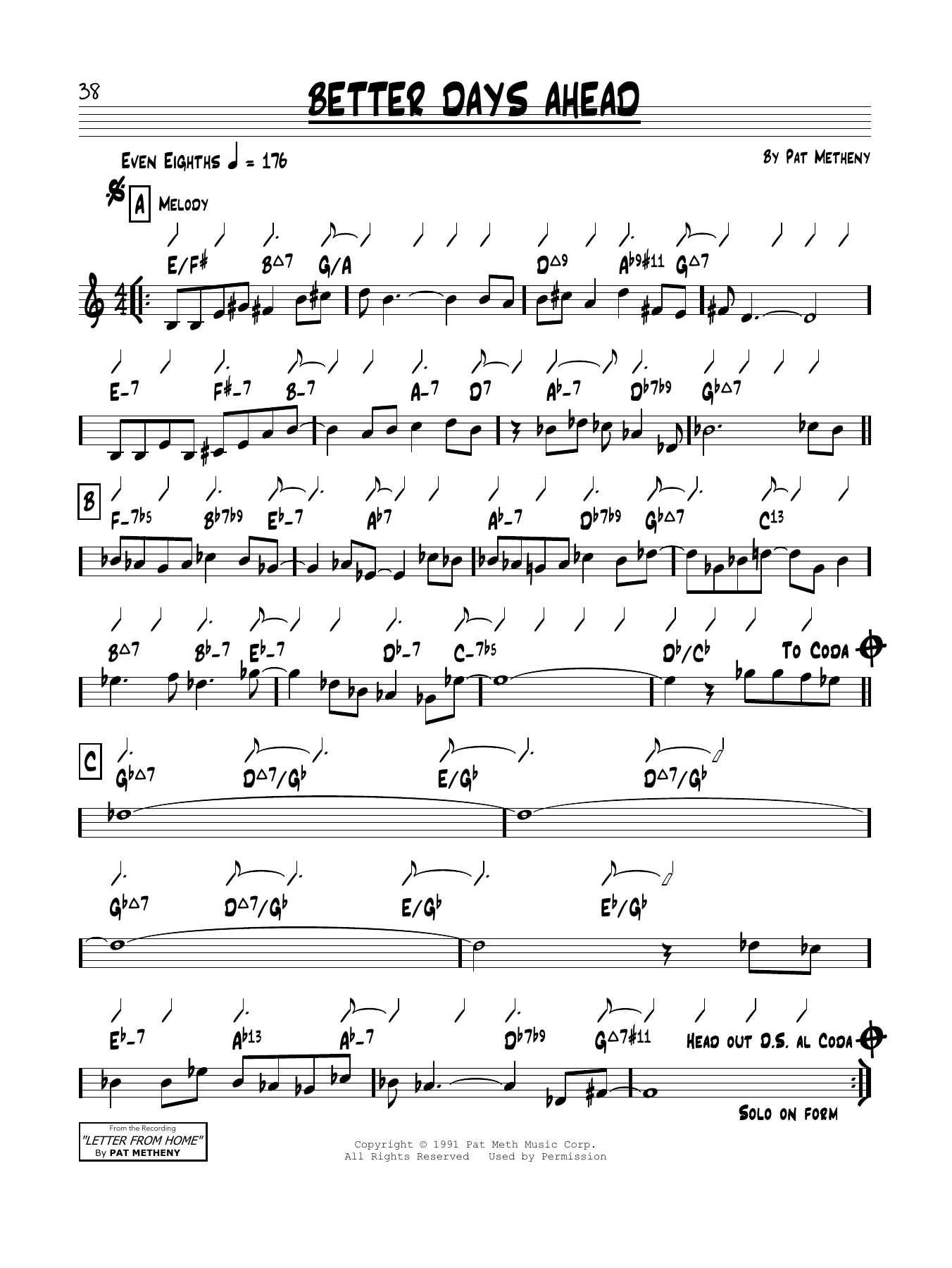 Pat Metheny Better Days Ahead Sheet Music Notes & Chords for Piano Solo - Download or Print PDF