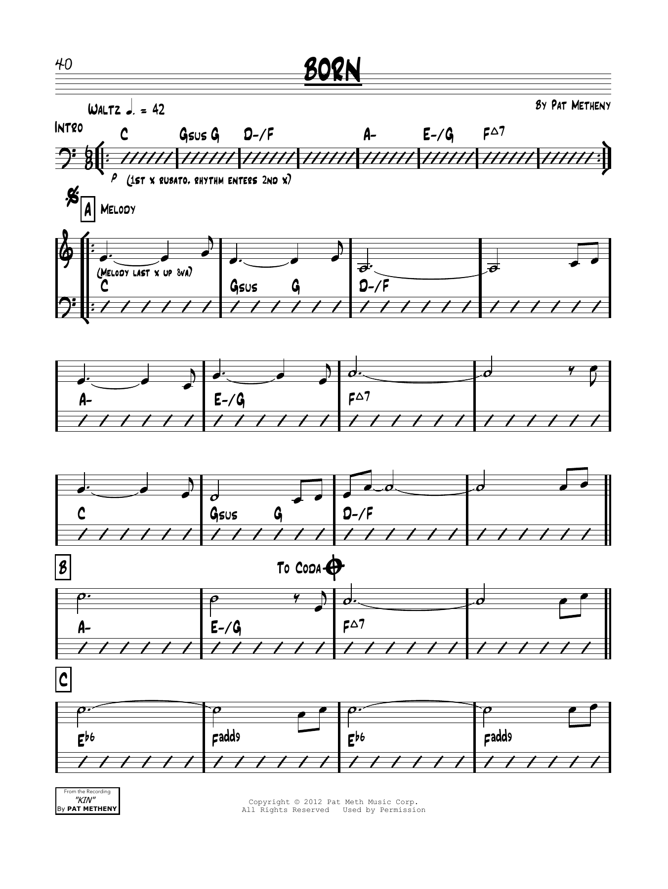 Pat Metheny Born Sheet Music Notes & Chords for Real Book – Melody & Chords - Download or Print PDF