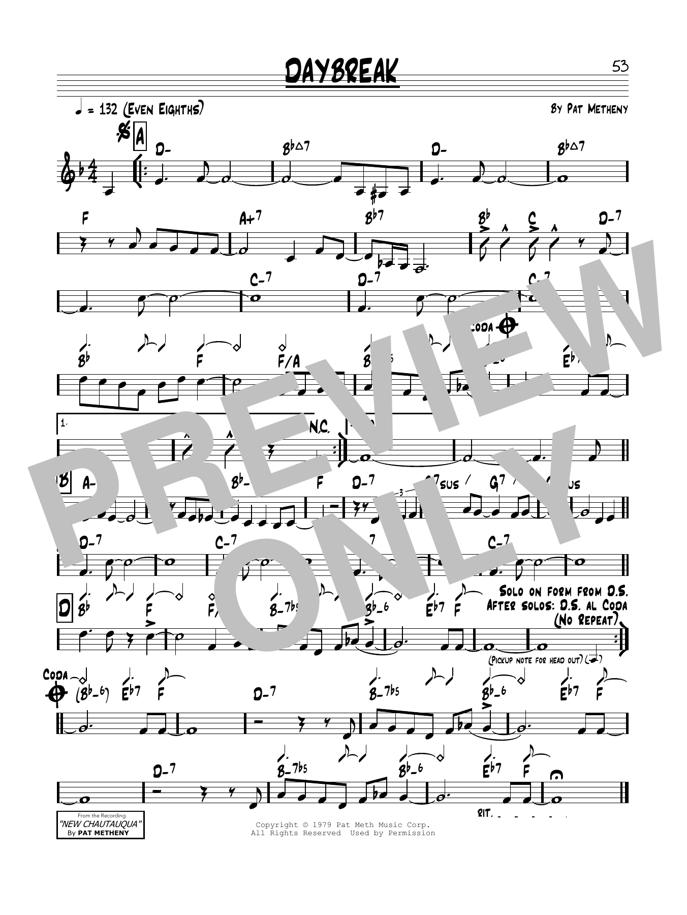 Pat Metheny Daybreak Sheet Music Notes & Chords for Real Book – Melody & Chords - Download or Print PDF