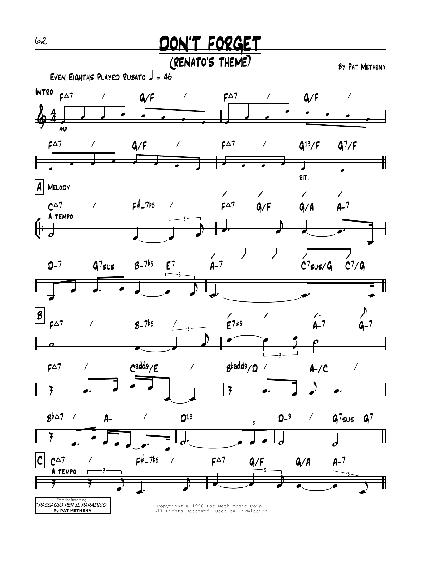Pat Metheny Don't Forget (Renato's Theme) Sheet Music Notes & Chords for Real Book – Melody & Chords - Download or Print PDF