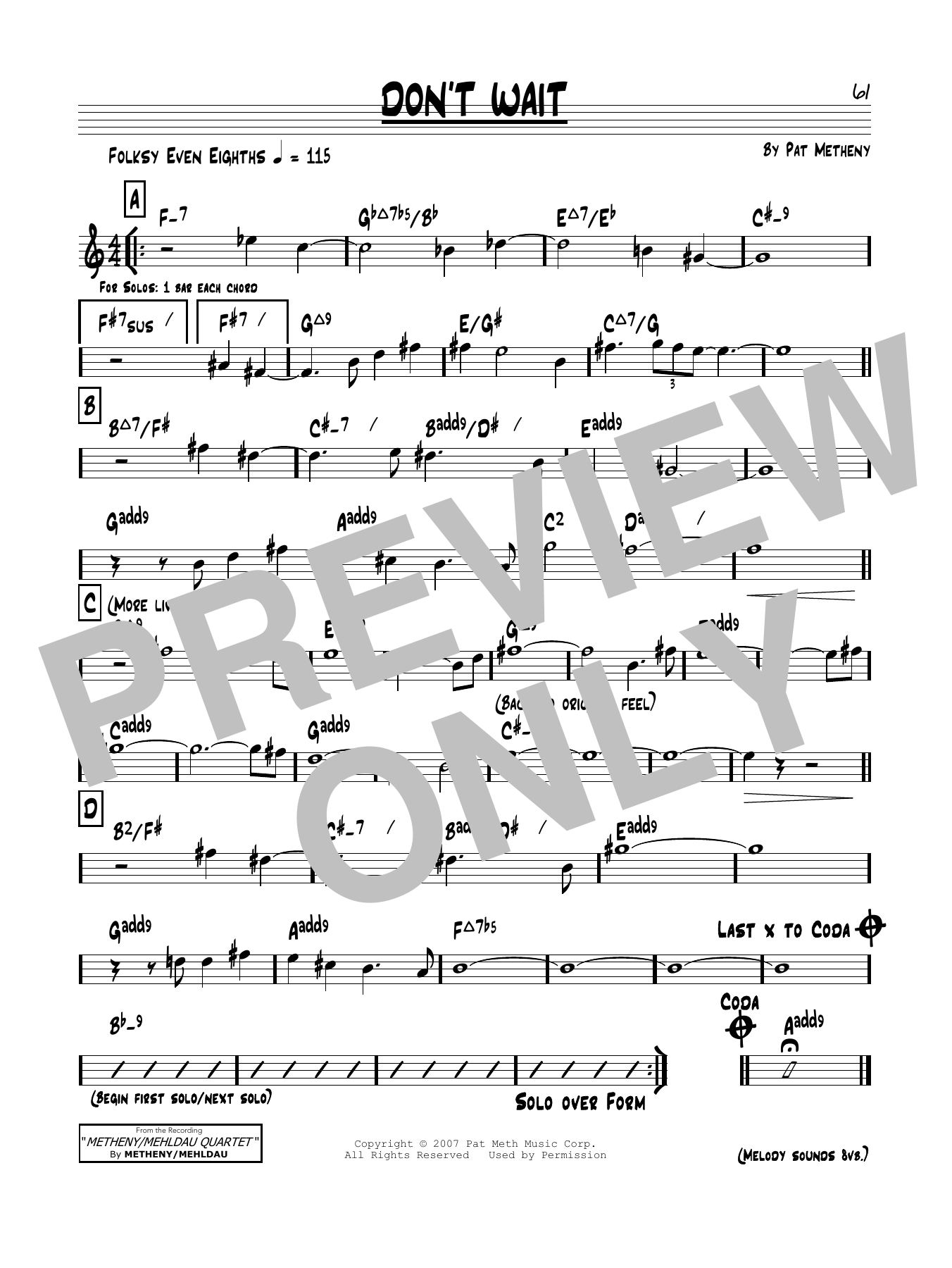 Pat Metheny Don't Wait Sheet Music Notes & Chords for Real Book – Melody & Chords - Download or Print PDF