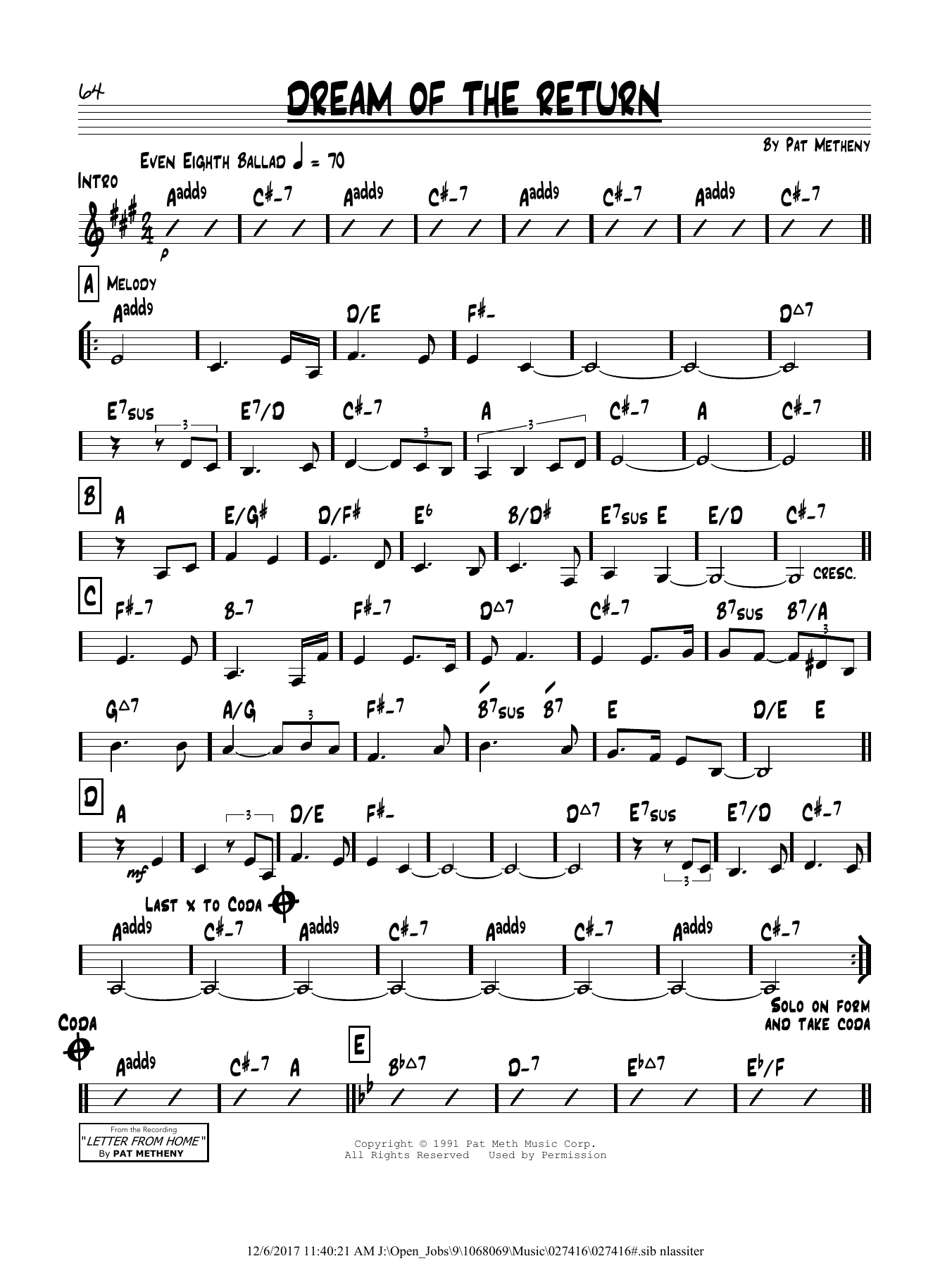 Pat Metheny Dream Of The Return Sheet Music Notes & Chords for Real Book – Melody & Chords - Download or Print PDF