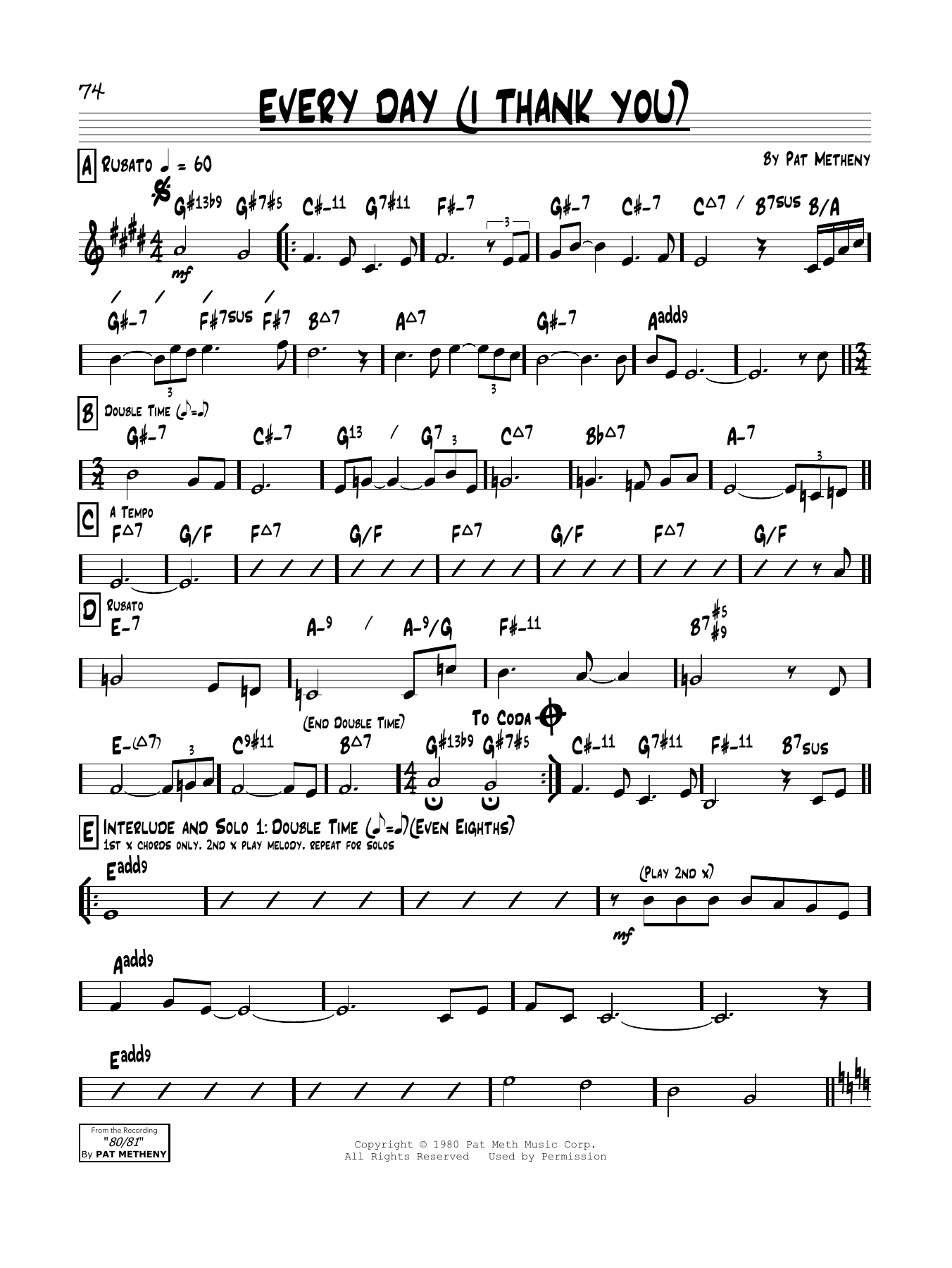 Pat Metheny Every Day (I Thank You) Sheet Music Notes & Chords for Real Book – Melody & Chords - Download or Print PDF