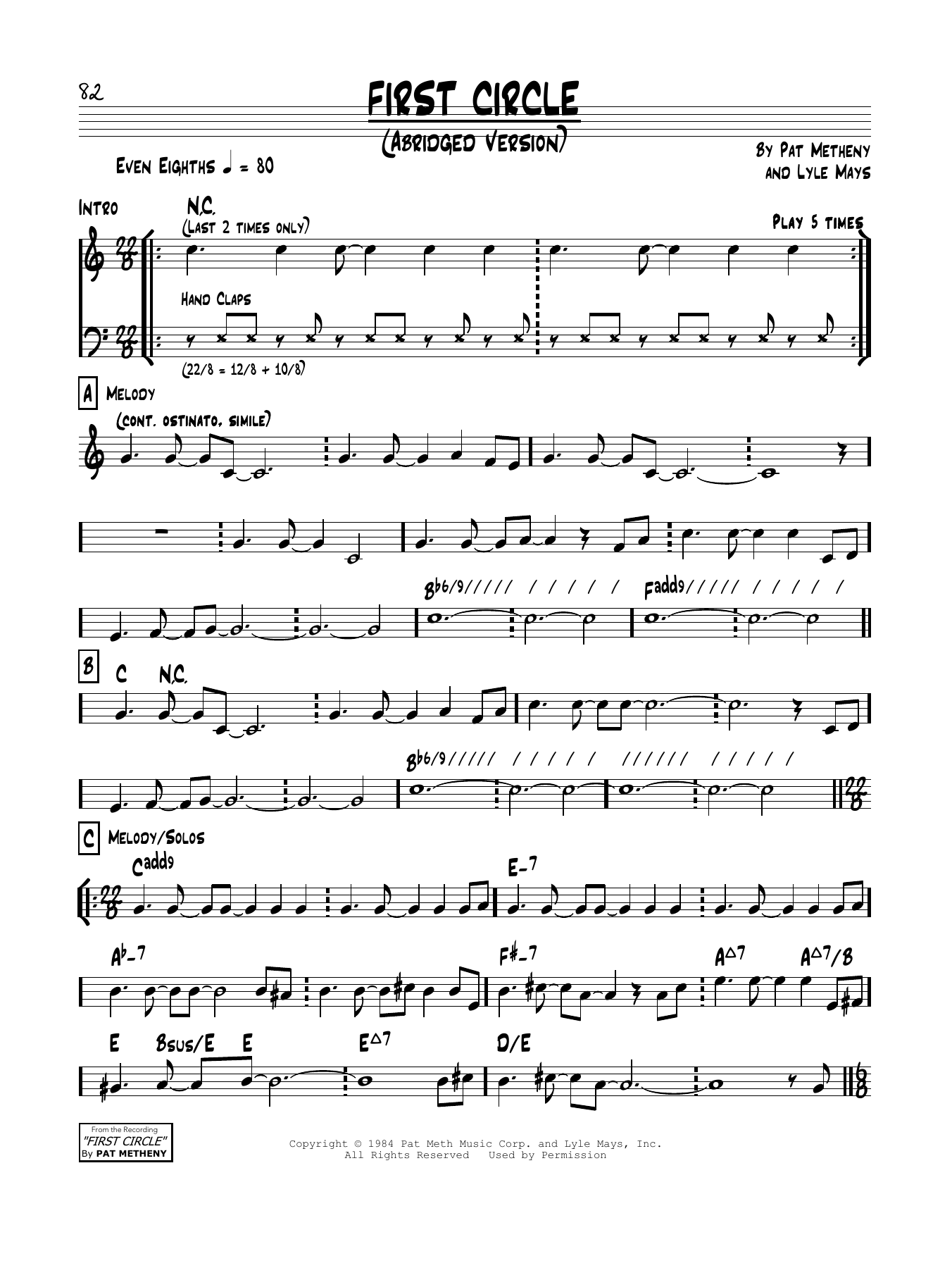 Pat Metheny First Circle Sheet Music Notes & Chords for Piano Solo - Download or Print PDF