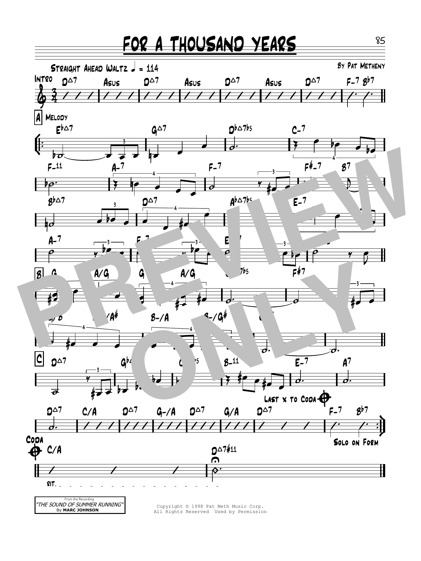 Pat Metheny For A Thousand Years Sheet Music Notes & Chords for Real Book – Melody & Chords - Download or Print PDF