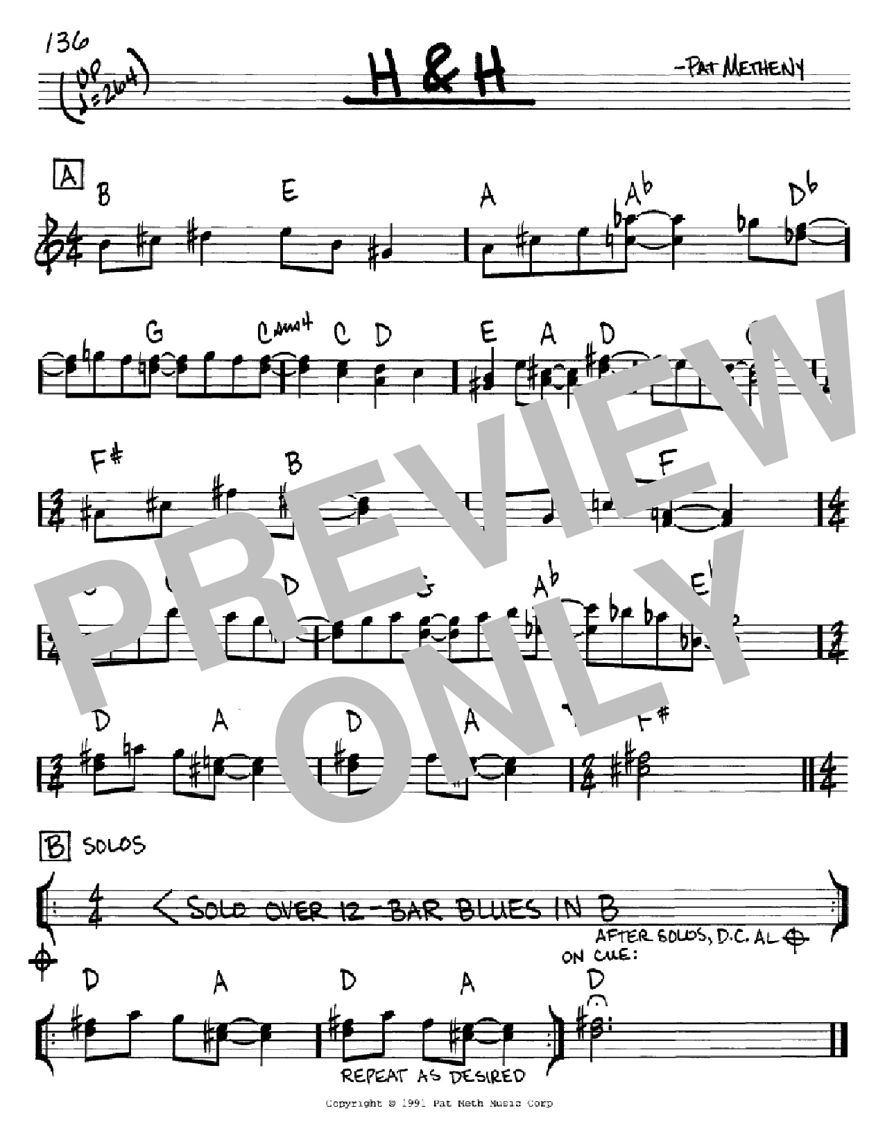 Pat Metheny H & H Sheet Music Notes & Chords for Real Book – Melody & Chords - Download or Print PDF