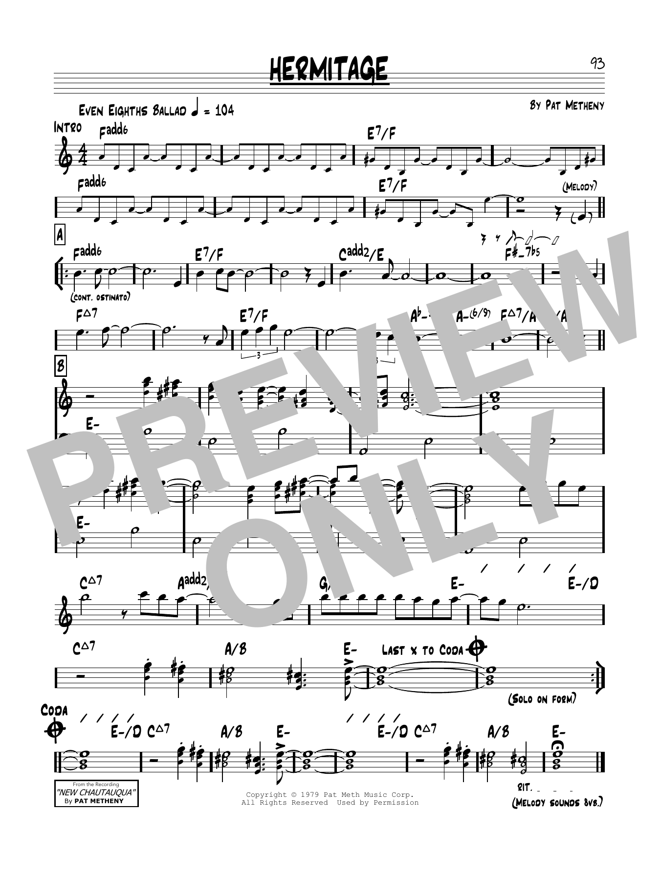Pat Metheny Hermitage Sheet Music Notes & Chords for Real Book – Melody & Chords - Download or Print PDF
