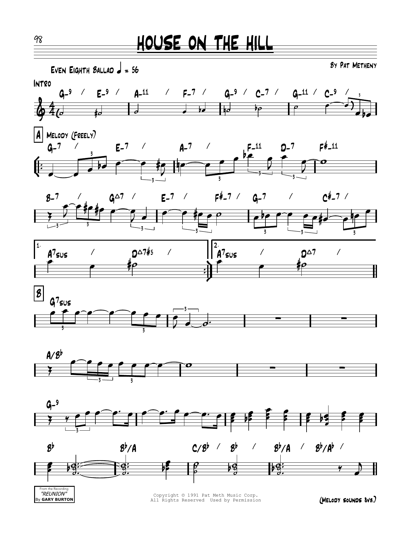 Pat Metheny House On The Hill Sheet Music Notes & Chords for Real Book – Melody & Chords - Download or Print PDF