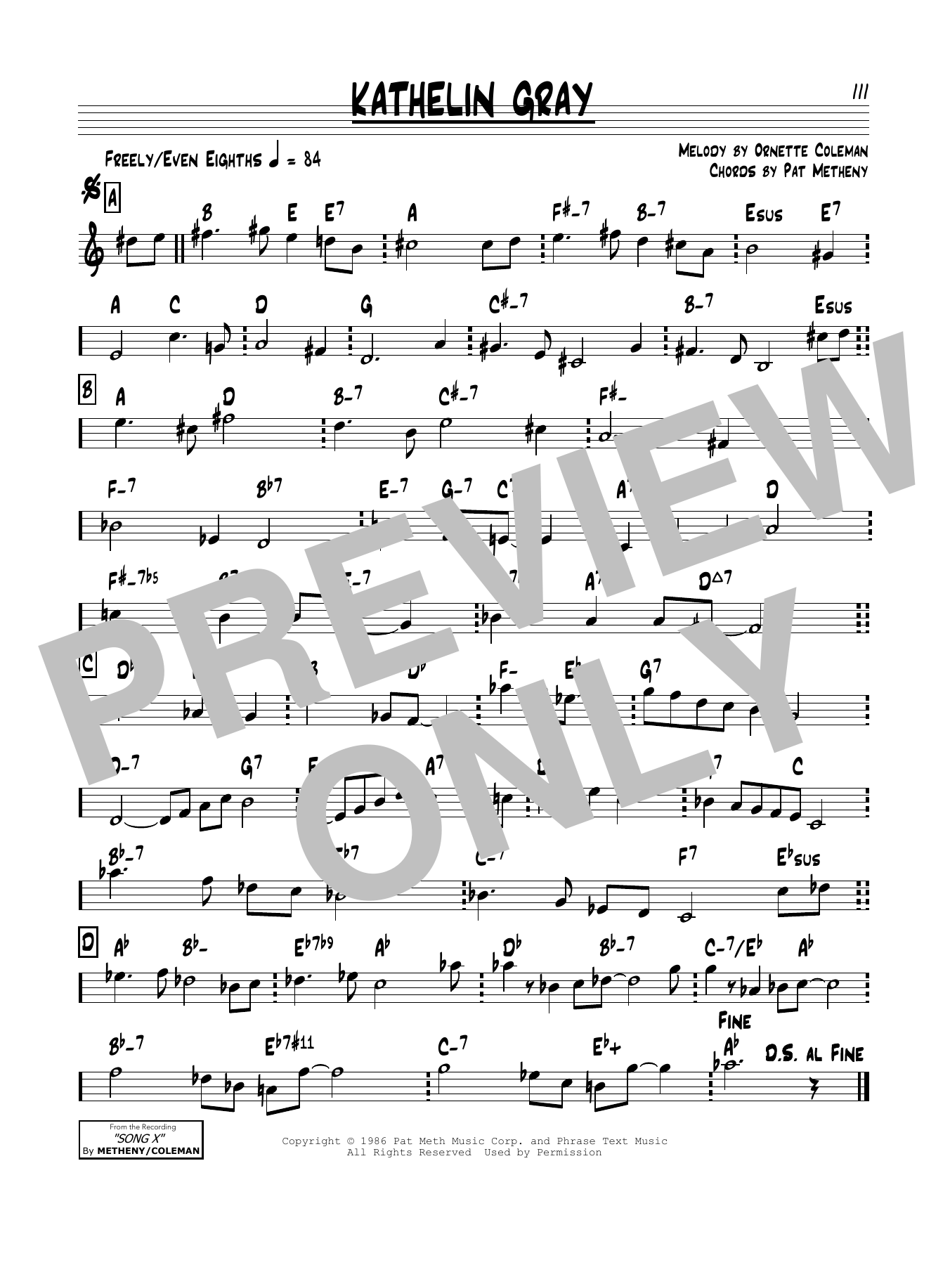 Pat Metheny Kathelin Gray Sheet Music Notes & Chords for Real Book – Melody & Chords - Download or Print PDF