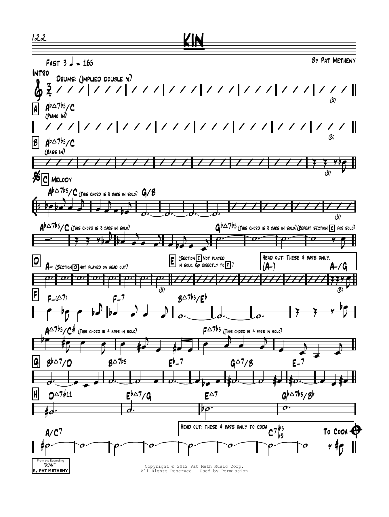 Pat Metheny Kin Sheet Music Notes & Chords for Real Book – Melody & Chords - Download or Print PDF