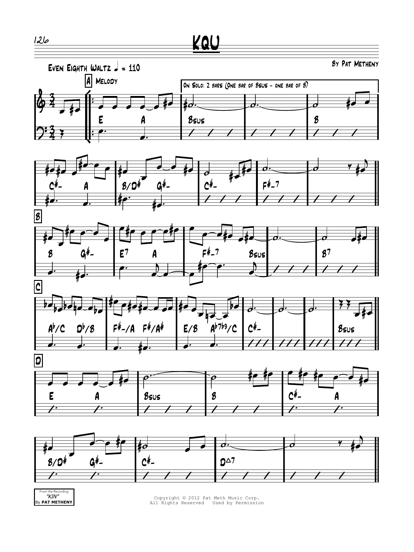 Pat Metheny KQU Sheet Music Notes & Chords for Real Book – Melody & Chords - Download or Print PDF