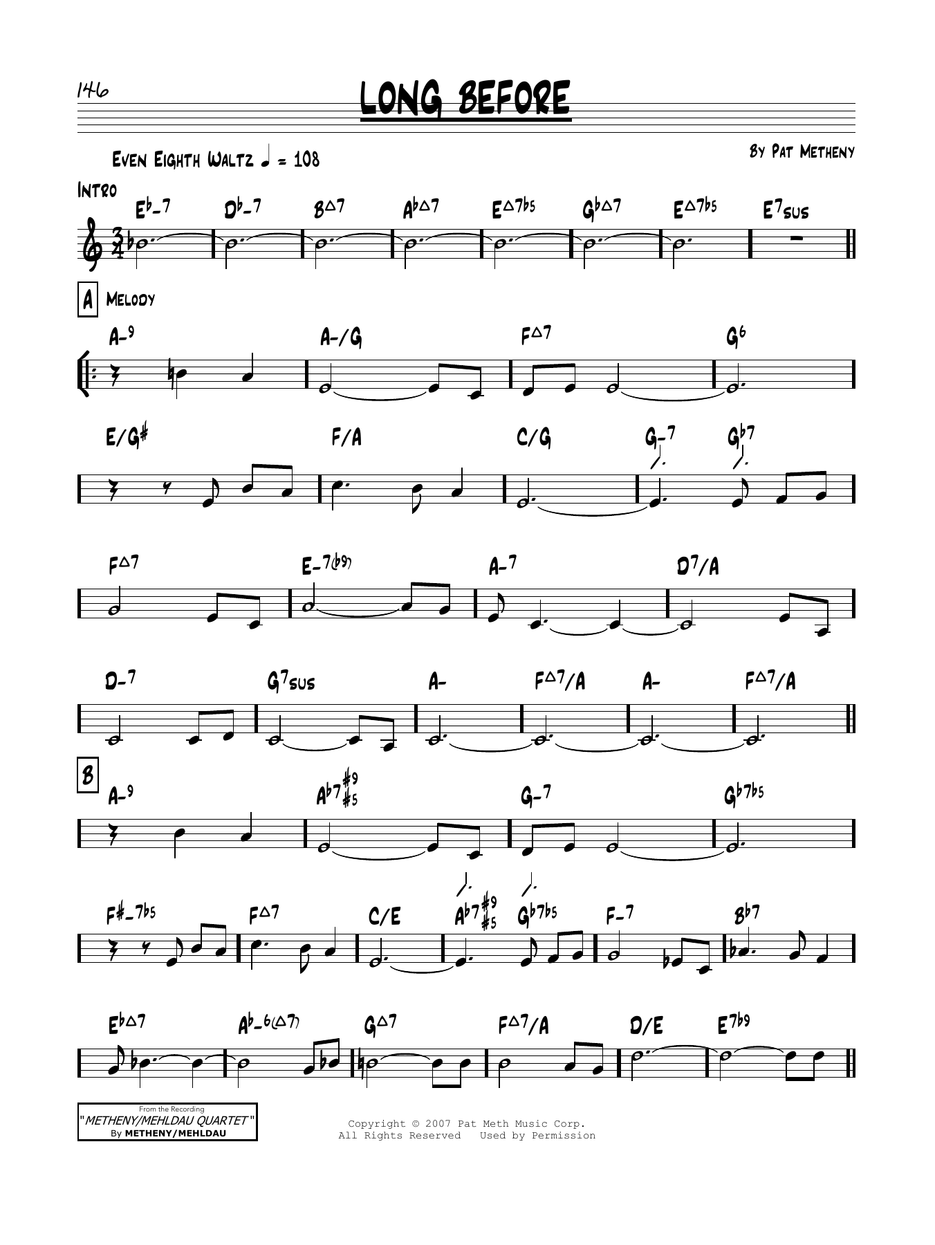 Pat Metheny Long Before Sheet Music Notes & Chords for Real Book – Melody & Chords - Download or Print PDF