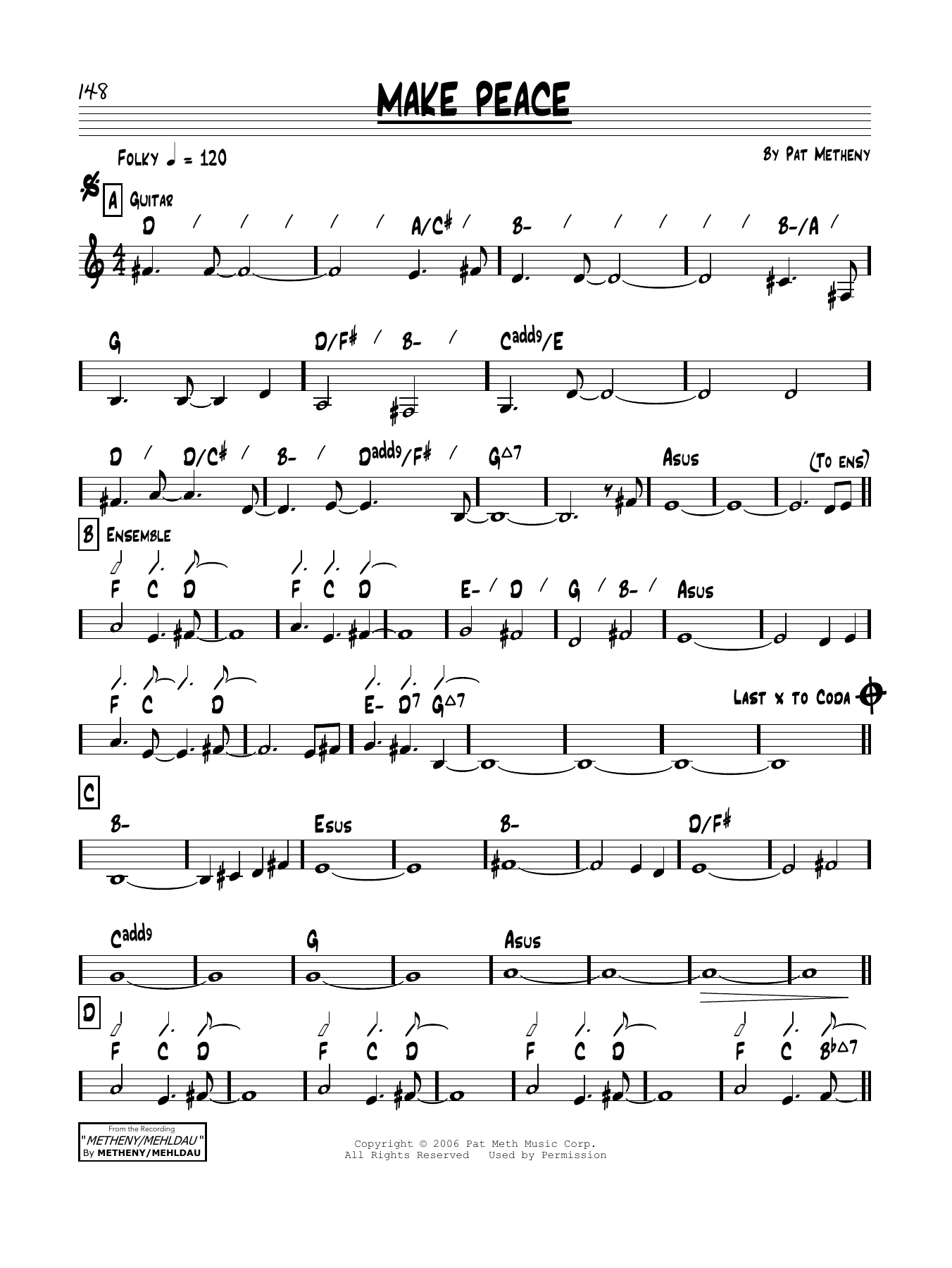 Pat Metheny Make Peace Sheet Music Notes & Chords for Real Book – Melody & Chords - Download or Print PDF