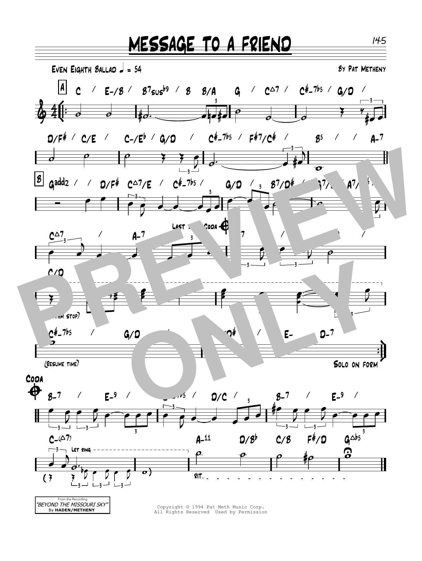 Pat Metheny Message To A Friend Sheet Music Notes & Chords for Real Book – Melody & Chords - Download or Print PDF