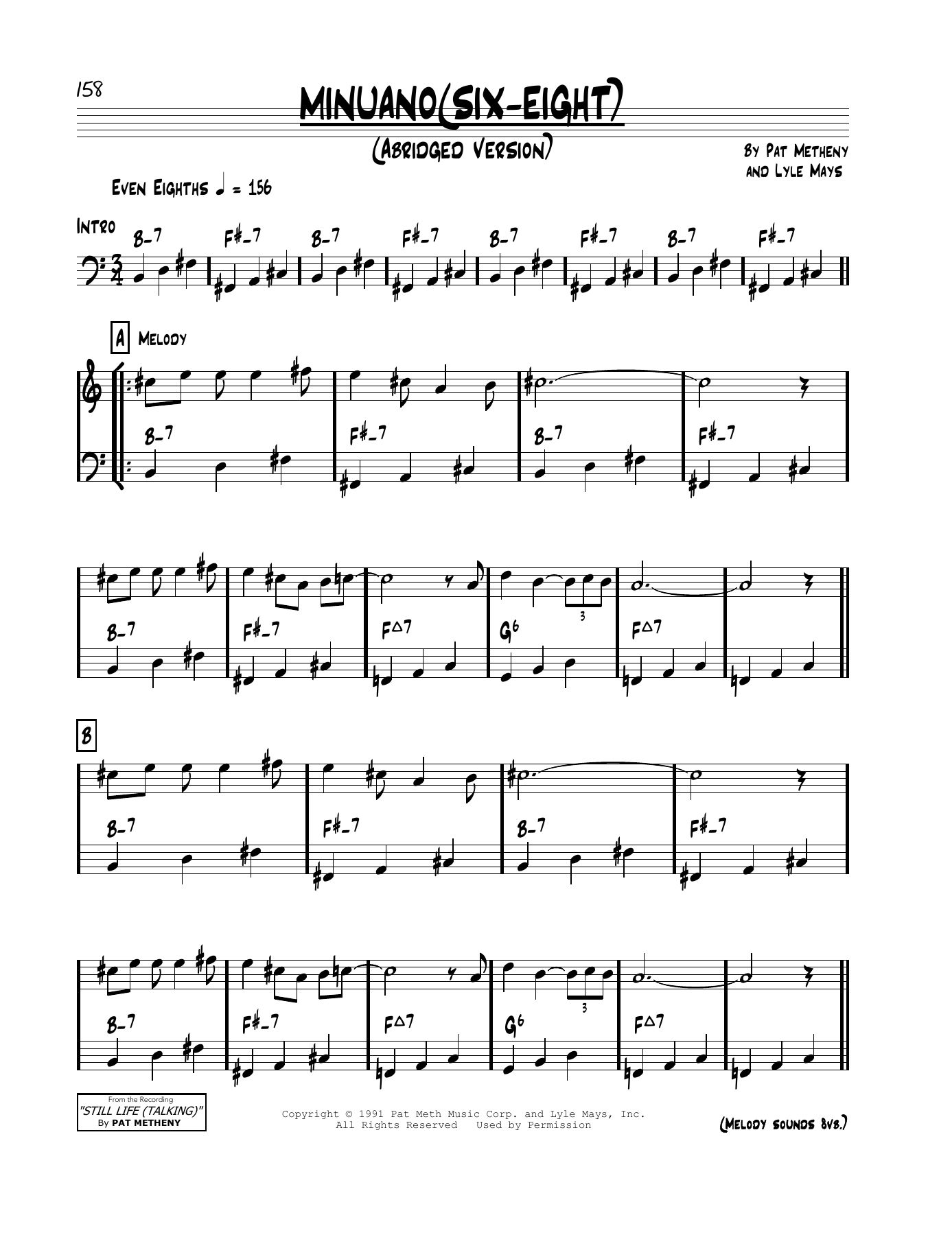 Pat Metheny Minuano (Six-Eight) Sheet Music Notes & Chords for Piano Solo - Download or Print PDF