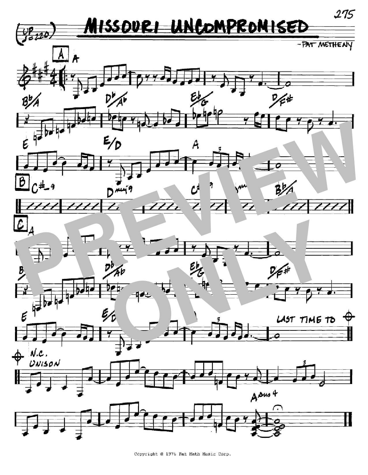 Pat Metheny Missouri Uncompromised Sheet Music Notes & Chords for Real Book - Melody & Chords - Bb Instruments - Download or Print PDF