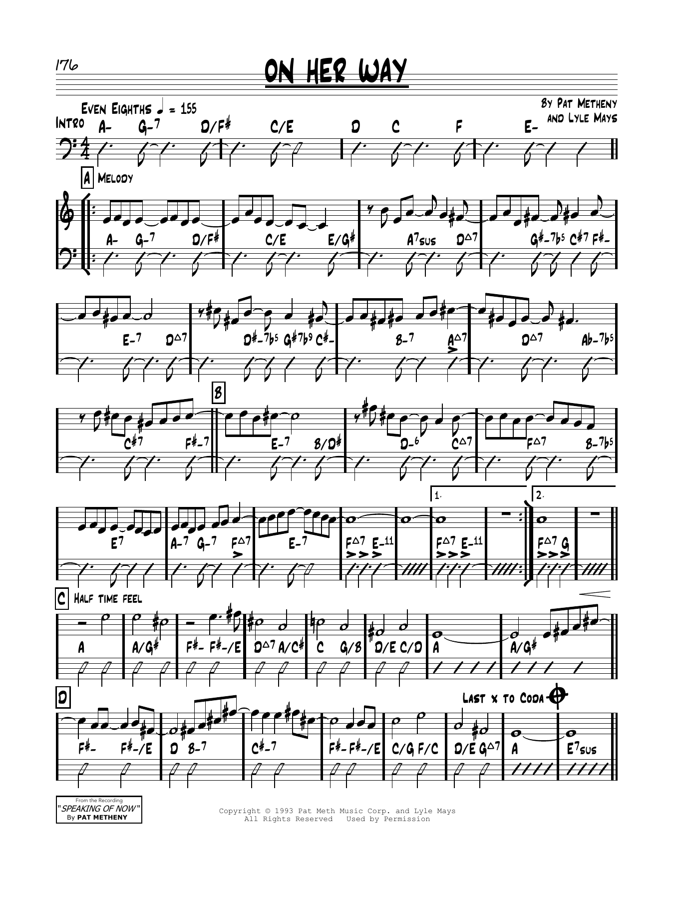 Pat Metheny On Her Way Sheet Music Notes & Chords for Real Book – Melody & Chords - Download or Print PDF