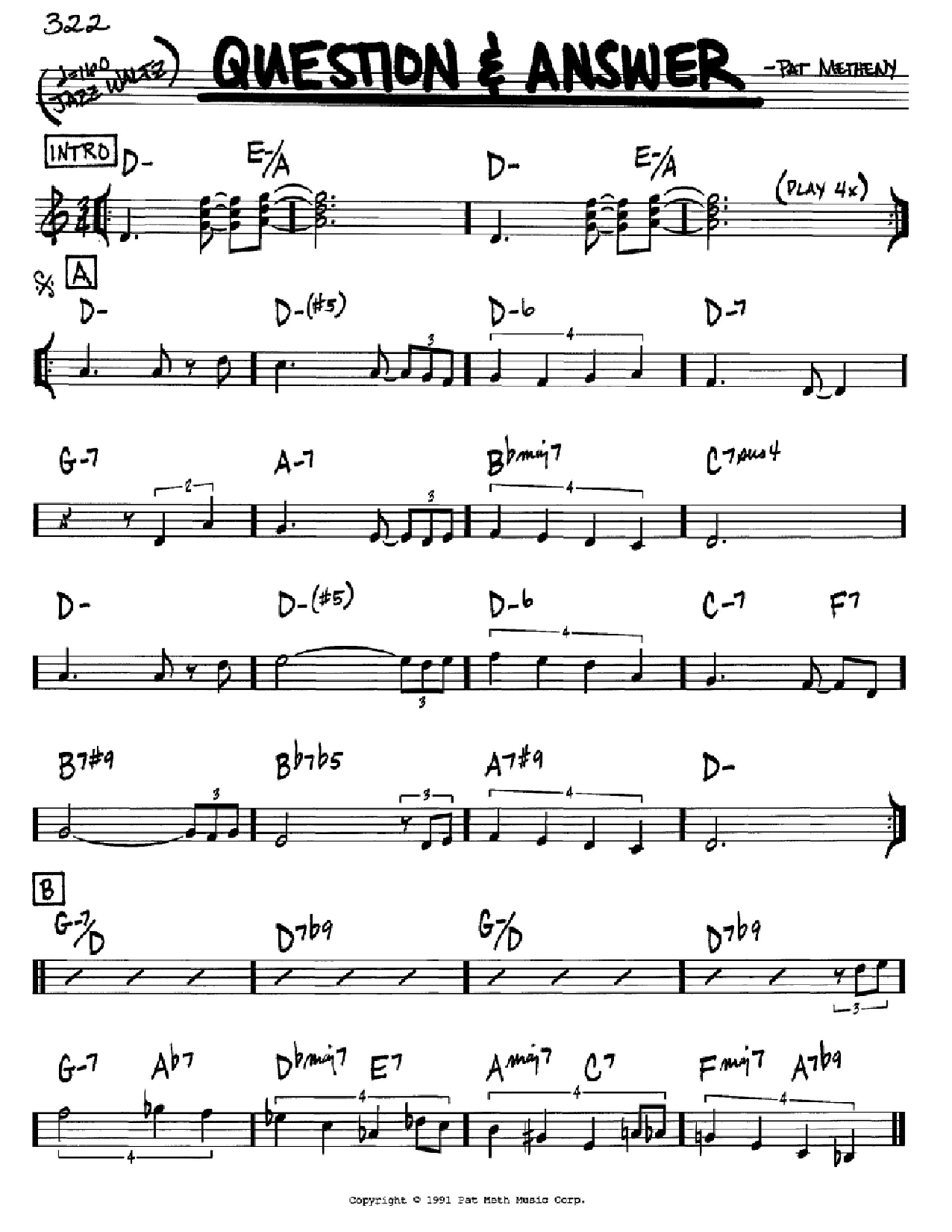 Pat Metheny Question & Answer Sheet Music Notes & Chords for Real Book – Melody & Chords - Download or Print PDF