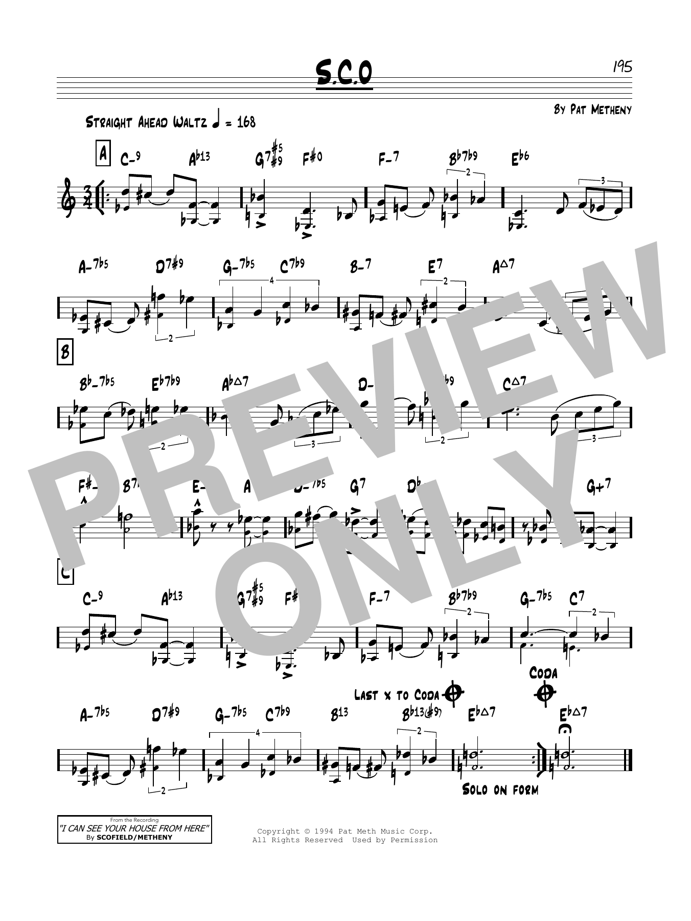 Pat Metheny S.C.O. Sheet Music Notes & Chords for Real Book – Melody & Chords - Download or Print PDF