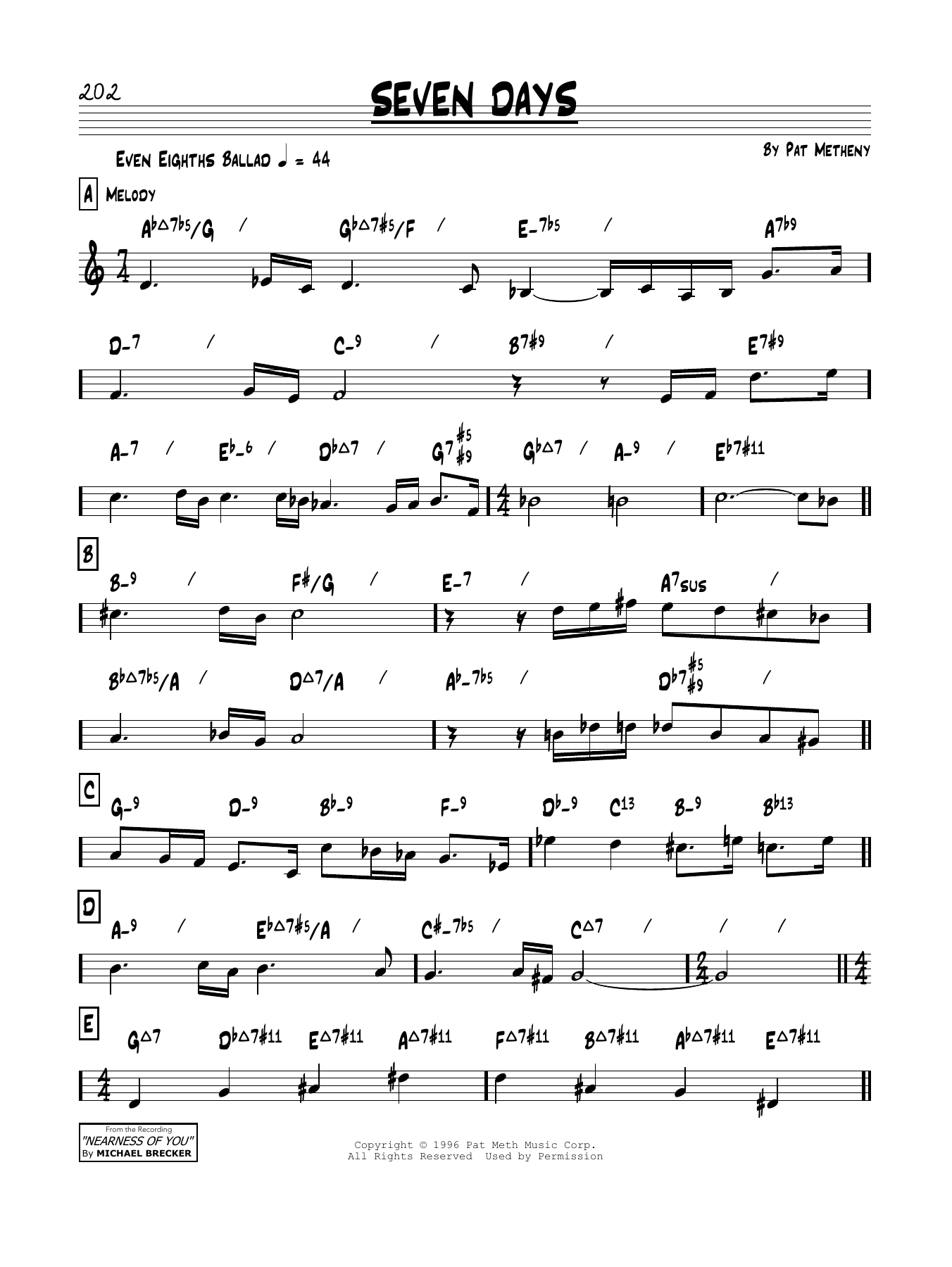 Pat Metheny Seven Days Sheet Music Notes & Chords for Real Book – Melody & Chords - Download or Print PDF