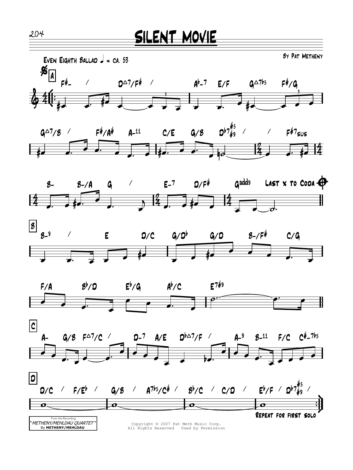 Pat Metheny Silent Movie Sheet Music Notes & Chords for Real Book – Melody & Chords - Download or Print PDF