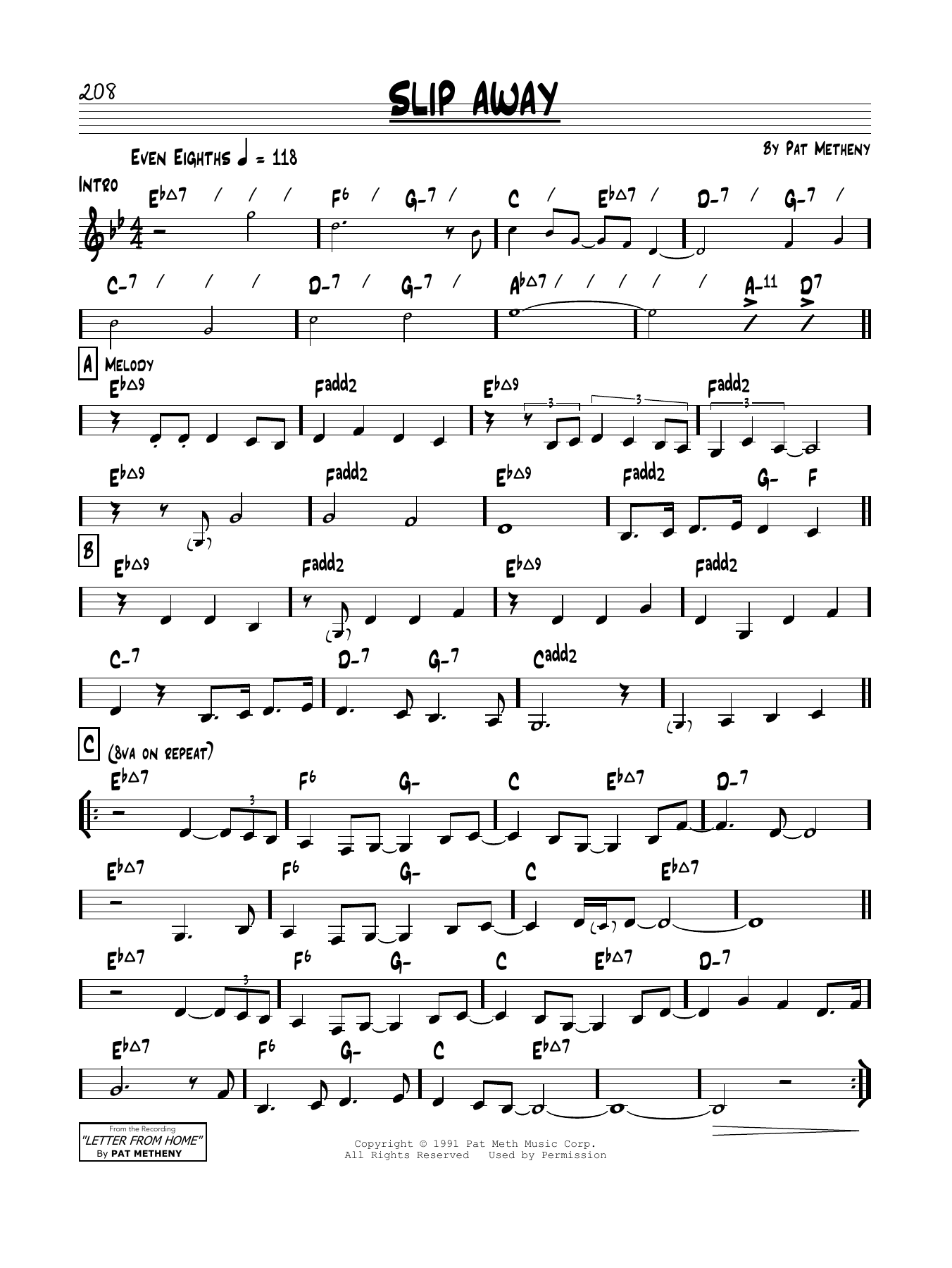 Pat Metheny Slip Away Sheet Music Notes & Chords for Real Book – Melody & Chords - Download or Print PDF