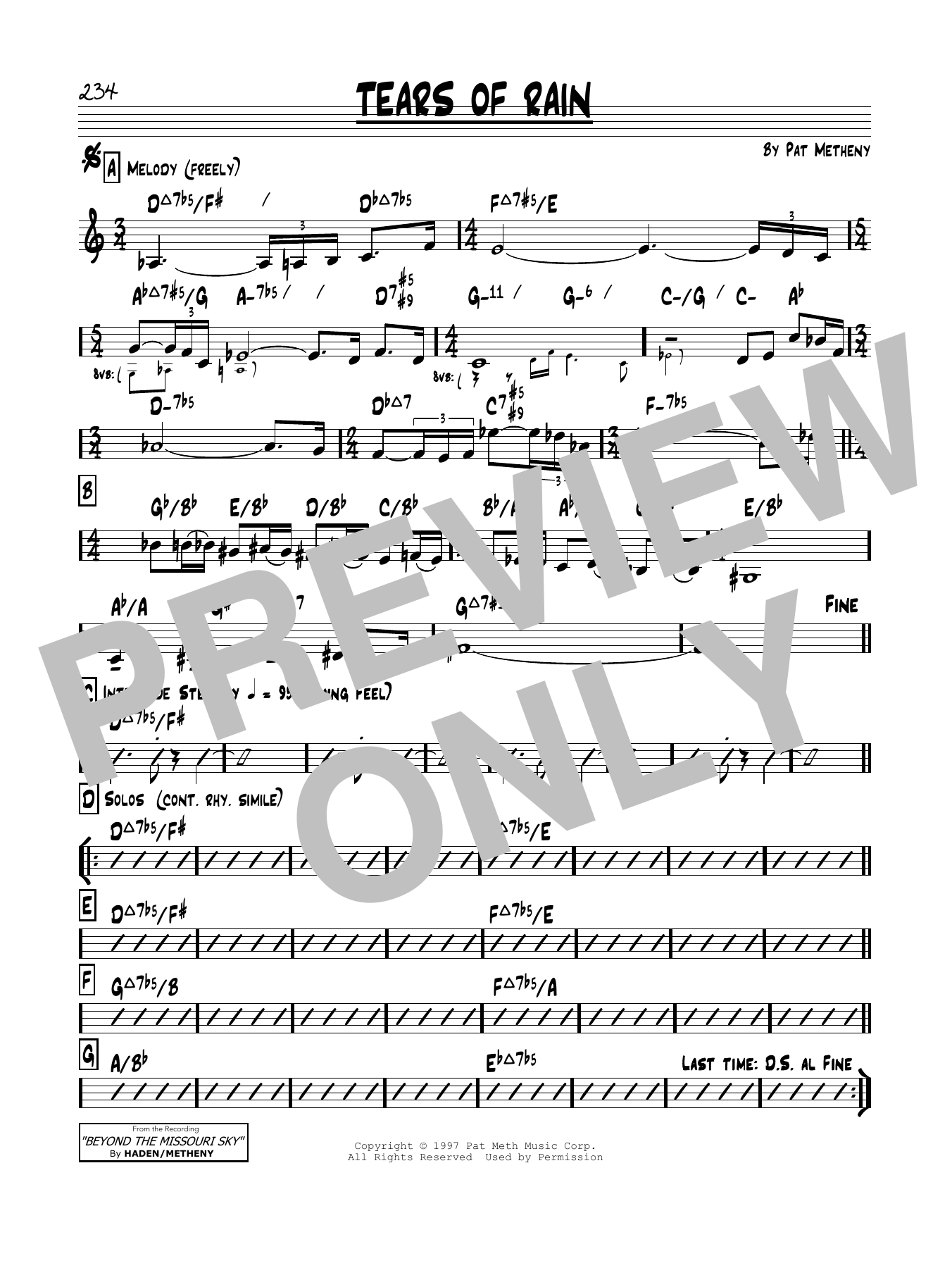 Pat Metheny Tears Of Rain Sheet Music Notes & Chords for Real Book – Melody & Chords - Download or Print PDF