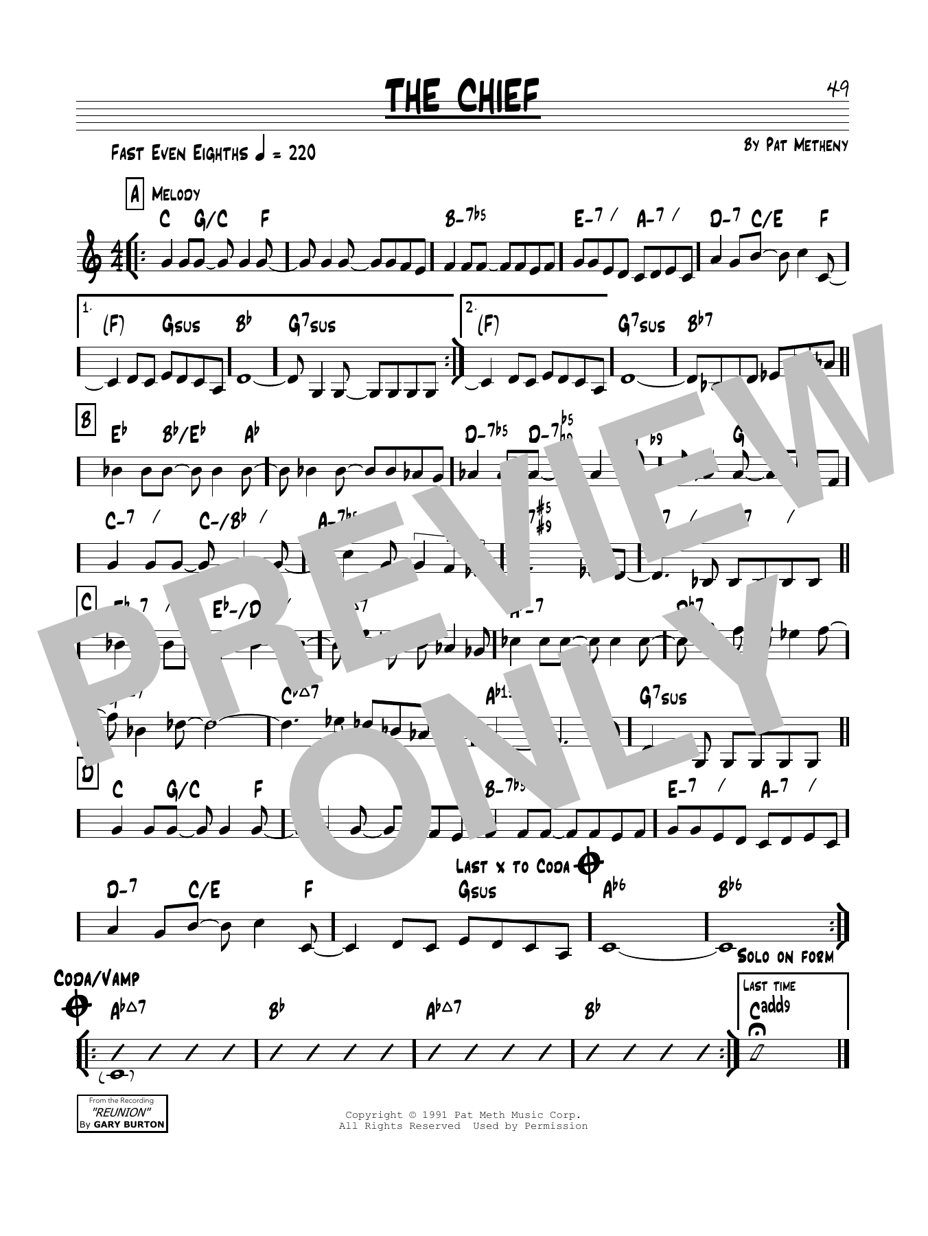 Pat Metheny The Chief Sheet Music Notes & Chords for Real Book – Melody & Chords - Download or Print PDF