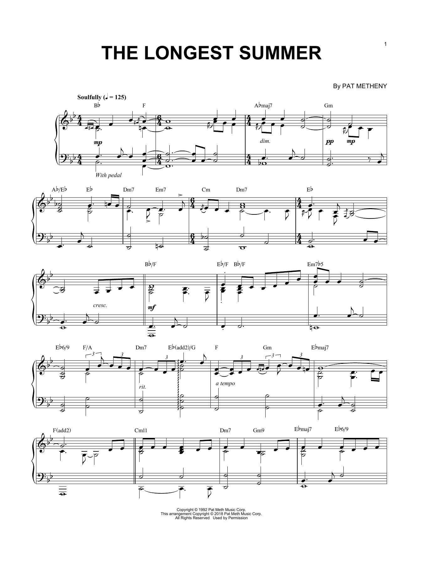 Pat Metheny The Longest Summer Sheet Music Notes & Chords for Piano Solo - Download or Print PDF