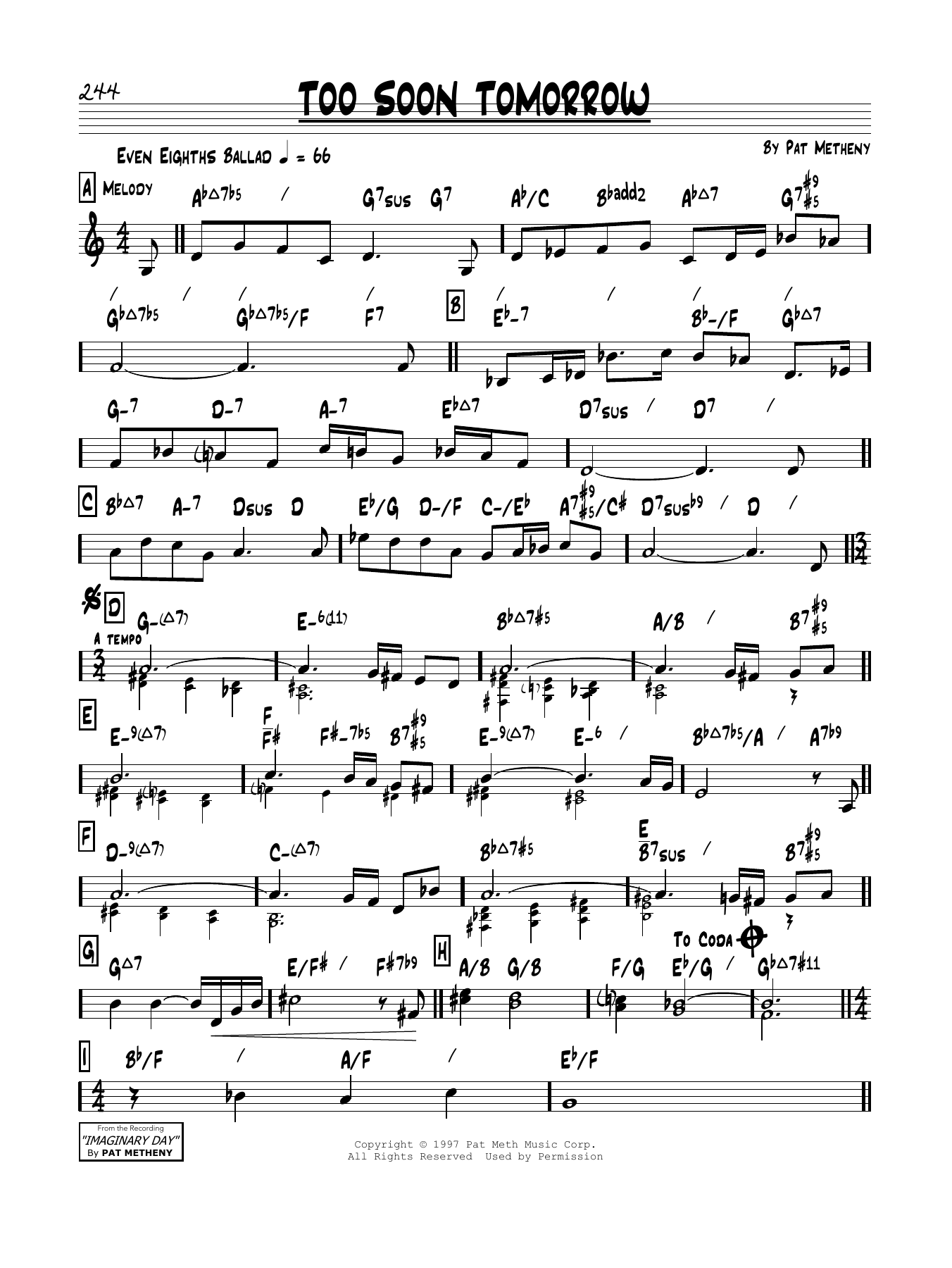 Pat Metheny Too Soon Tomorrow Sheet Music Notes & Chords for Real Book – Melody & Chords - Download or Print PDF