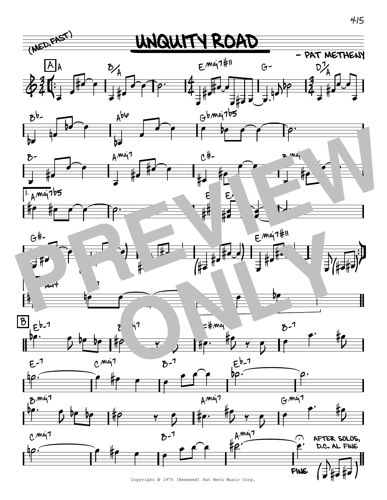 Pat Metheny Unquity Road [Reharmonized version] (arr. Jack Grassel) Sheet Music Notes & Chords for Real Book – Melody & Chords - Download or Print PDF