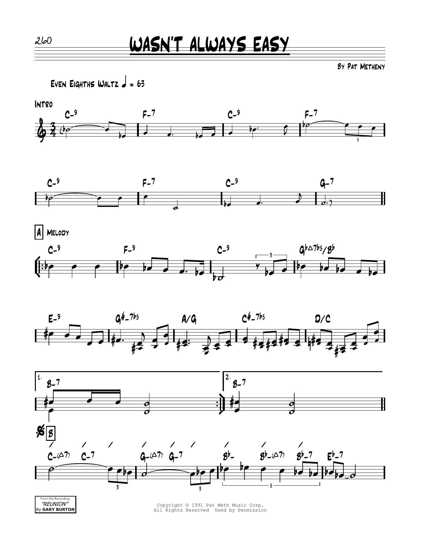 Pat Metheny Wasn't Always Easy Sheet Music Notes & Chords for Real Book – Melody & Chords - Download or Print PDF