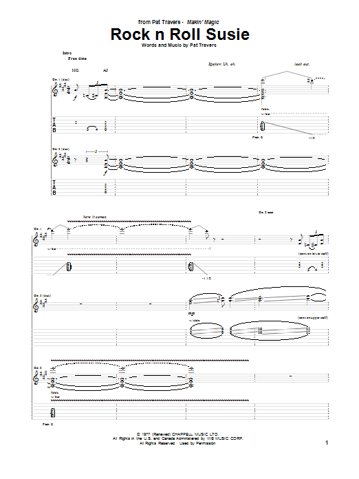 Pat Travers Rock N Roll Susie Sheet Music Notes & Chords for Guitar Tab - Download or Print PDF