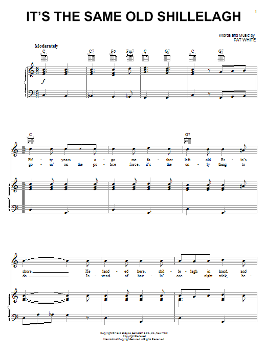 Pat White It's The Same Old Shillelagh Sheet Music Notes & Chords for Piano, Vocal & Guitar (Right-Hand Melody) - Download or Print PDF