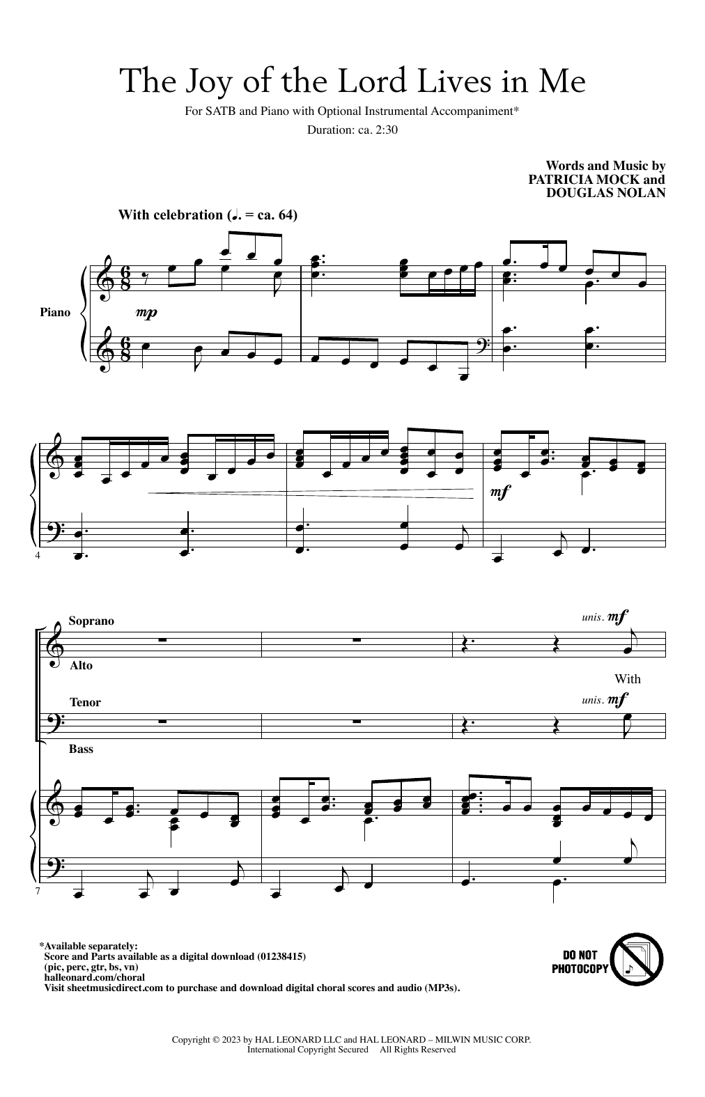 Patricia Mock and Douglas Nolan The Joy Of The Lord Lives In Me Sheet Music Notes & Chords for SATB Choir - Download or Print PDF