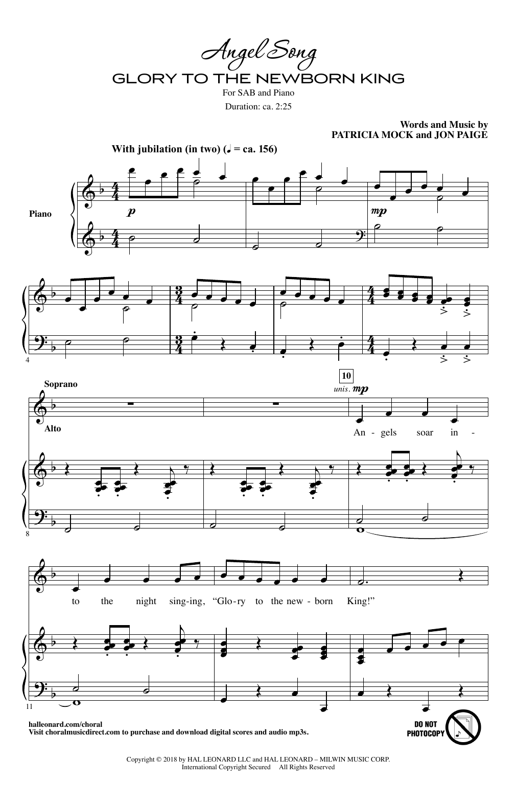 Patricia Mock Angel Song (Glory To The Newborn King) Sheet Music Notes & Chords for SAB - Download or Print PDF