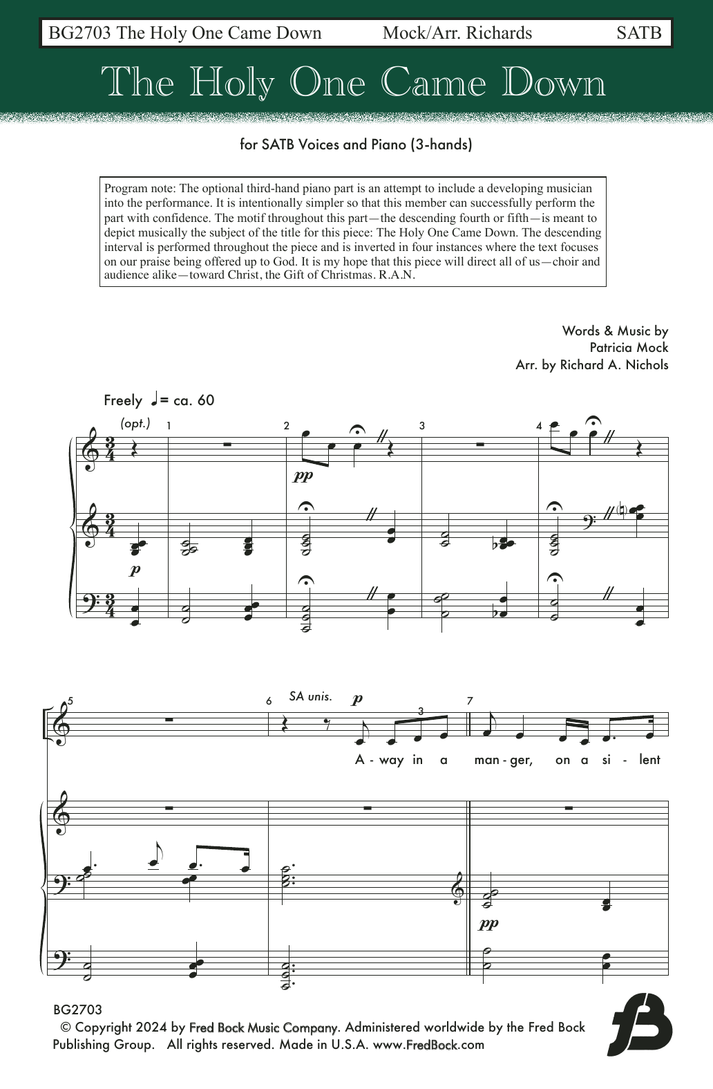 Patricia Mock The Holy One Came Down (arr. Richard A. Nichols) Sheet Music Notes & Chords for SATB Choir - Download or Print PDF