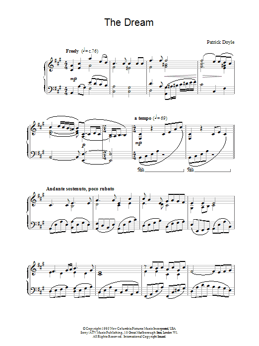 Patrick Doyle The Dream sheet music notes and chords. Download Printable PDF.