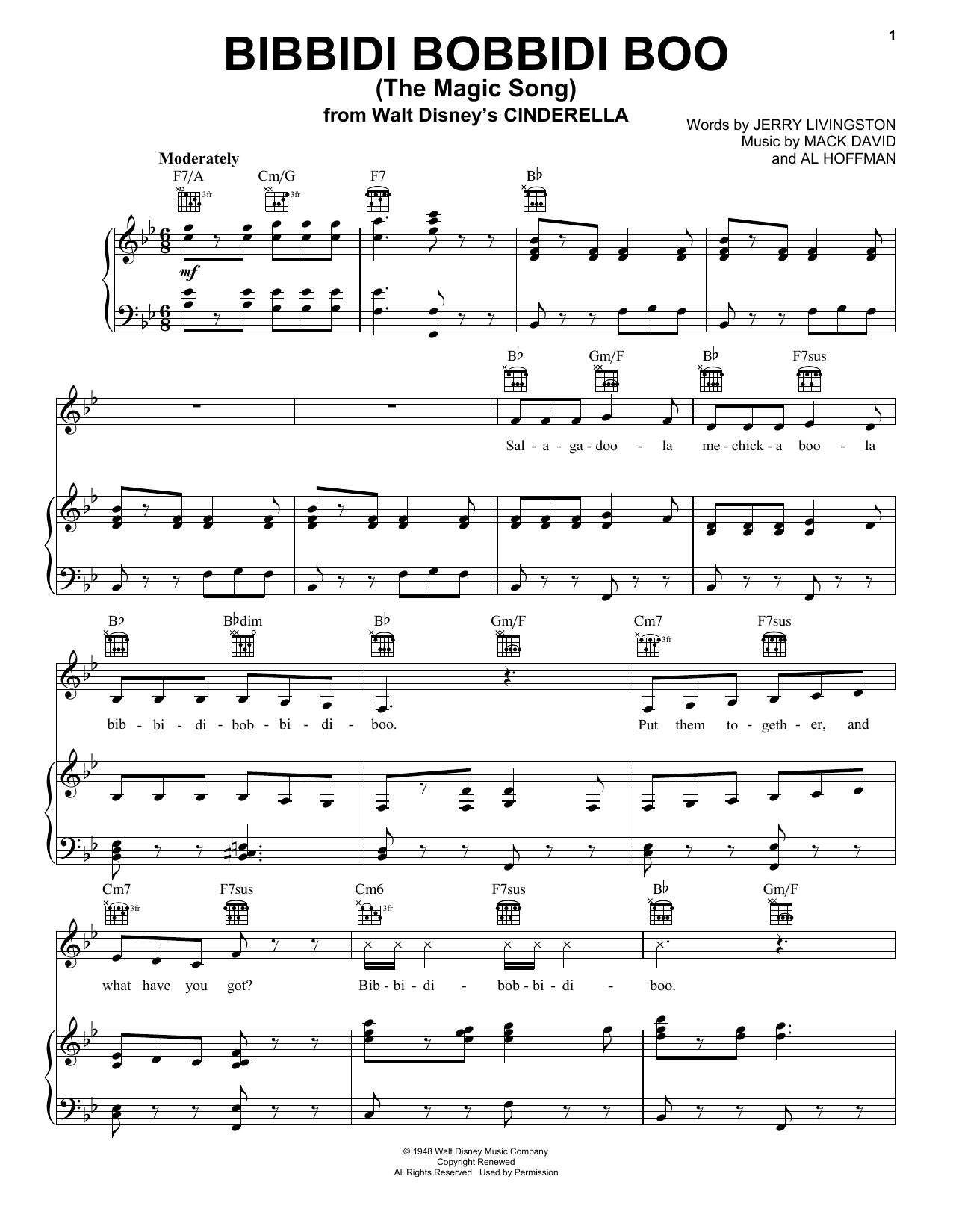Mack David Bibbidi-Bobbidi-Boo (The Magic Song) Sheet Music Notes & Chords for Piano, Vocal & Guitar (Right-Hand Melody) - Download or Print PDF