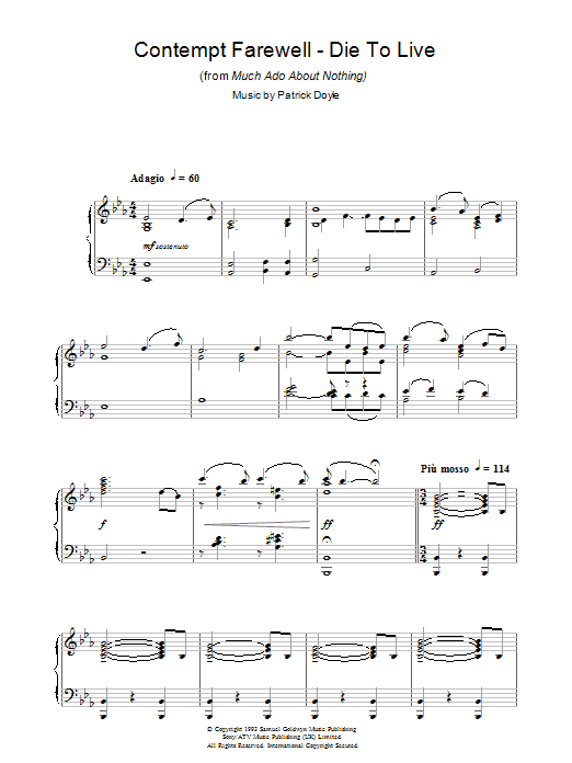 Patrick Doyle Contempt Farewell - Die To Live (from Much Ado About Nothing) Sheet Music Notes & Chords for Piano - Download or Print PDF
