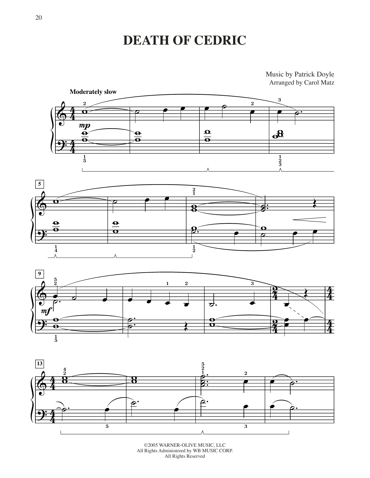 Patrick Doyle Death Of Cedric (from Harry Potter) (arr. Carol Matz) Sheet Music Notes & Chords for Big Note Piano - Download or Print PDF