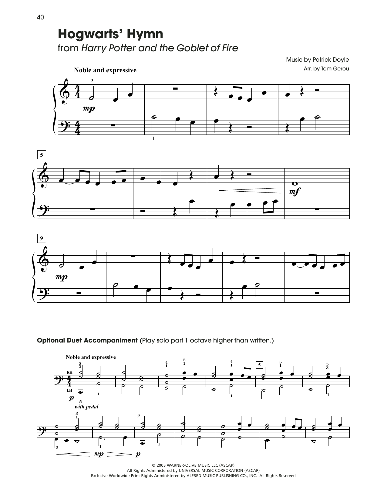 Patrick Doyle Hogwarts' Hymn (from Harry Potter) (arr. Tom Gerou) Sheet Music Notes & Chords for 5-Finger Piano - Download or Print PDF