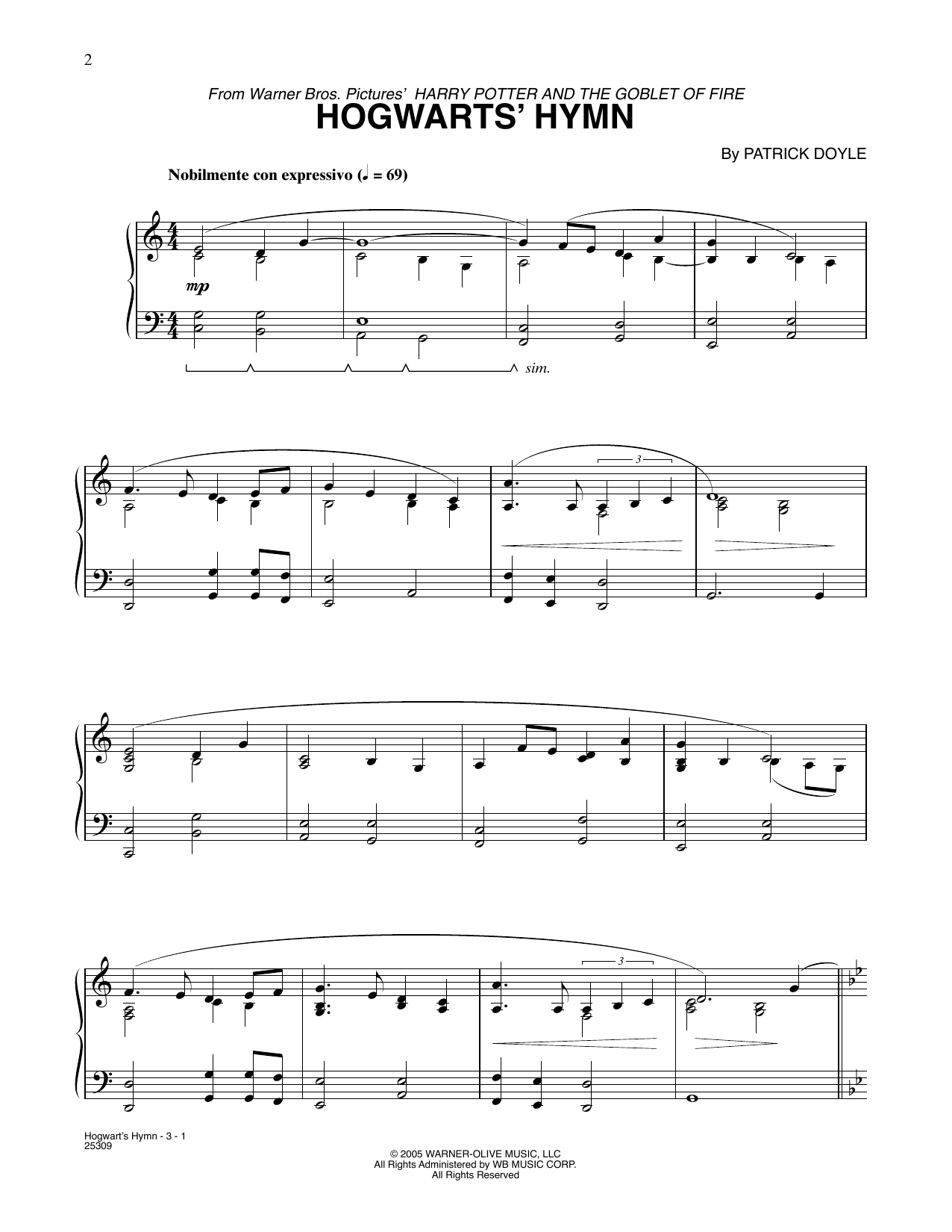 Patrick Doyle Hogwarts' Hymn (from Harry Potter) Sheet Music Notes & Chords for Piano Solo - Download or Print PDF