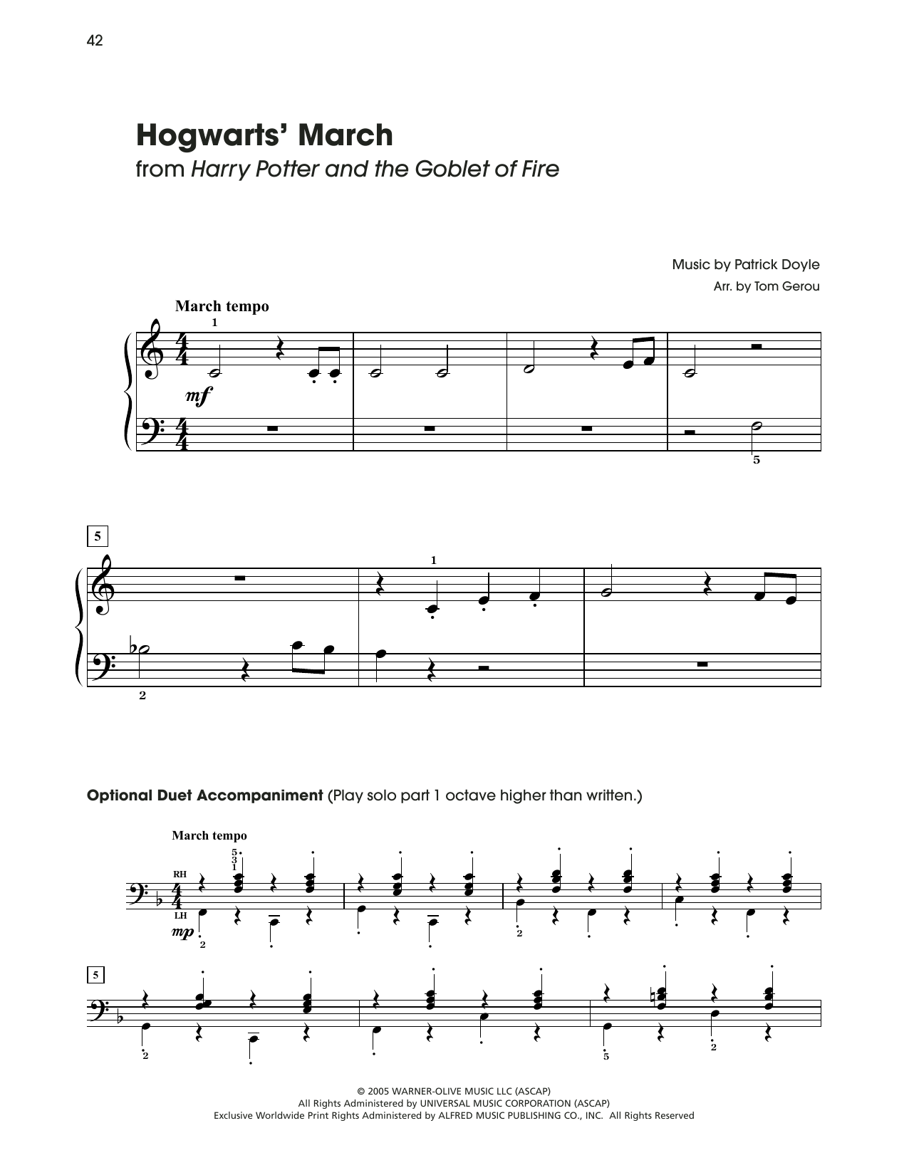 Patrick Doyle Hogwarts' March (from Harry Potter) (arr. Tom Gerou) Sheet Music Notes & Chords for 5-Finger Piano - Download or Print PDF